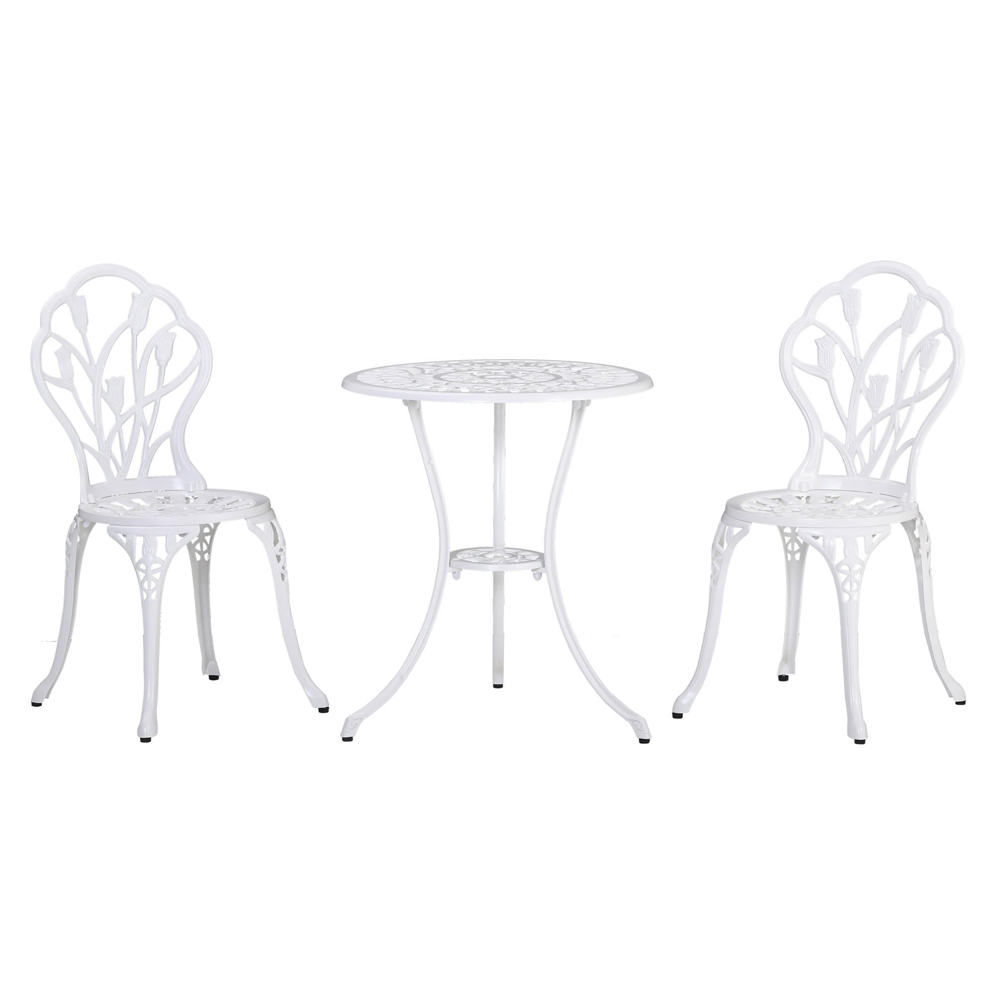 3 Piece Bistro Set Outdoor Patio Furniture Set with Aluminum Garden Chairs & Round Bistro Table, Umbrella Hole Balcony Bistro Set White