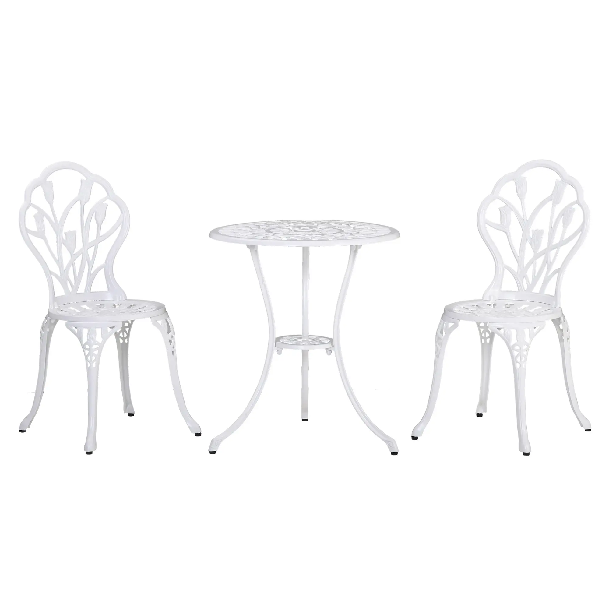 3 Piece Bistro Set Outdoor Patio Furniture Set with Aluminum Garden Chairs & Round Bistro Table, Umbrella Hole Balcony Bistro Set White