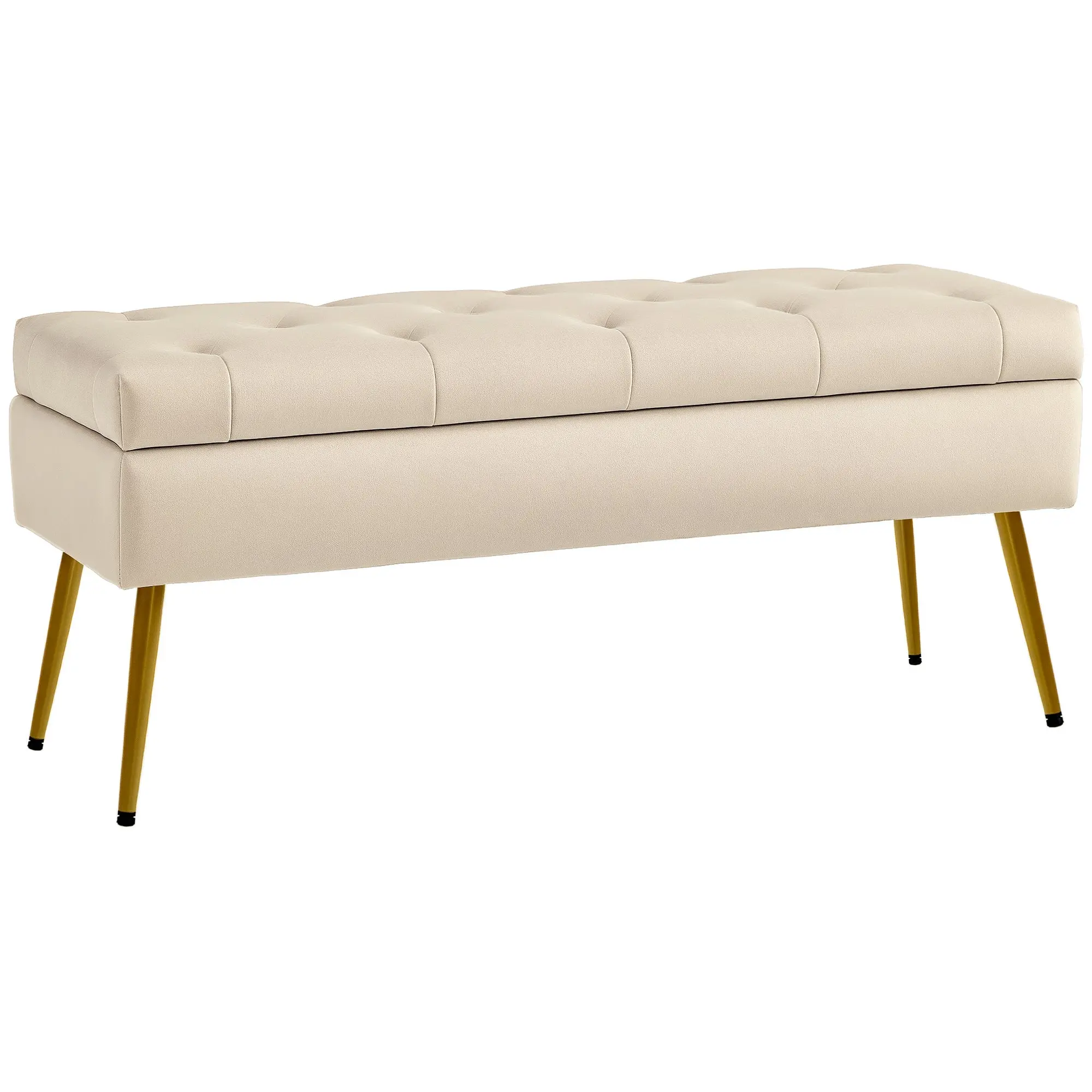 Storage Bench with Upholstered Seat, Ottoman with Lid, Bed Bench with Velvet Look, for Hallway Bedroom Living Room, Metal Frame 102 x 35 x 43 cm Beige