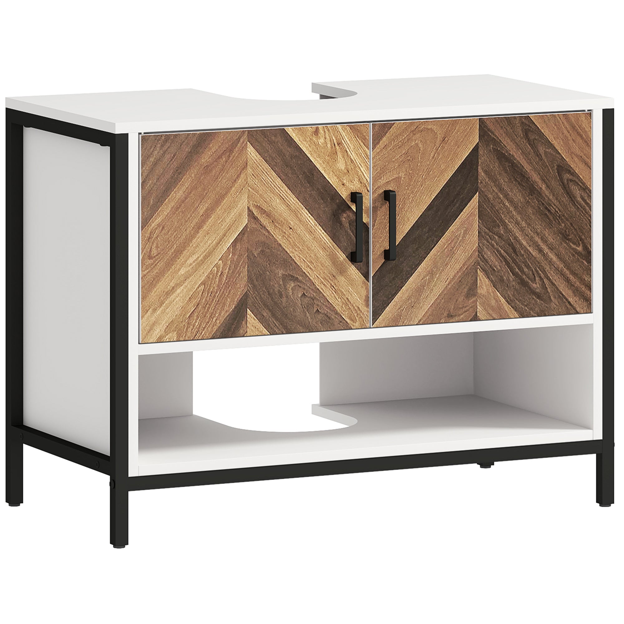 Bathroom Sink Cabinet Under Sink Cabinet with Pedestal 2 Doors Herringbone Pattern Cream and Walnut 80x40x60 cm