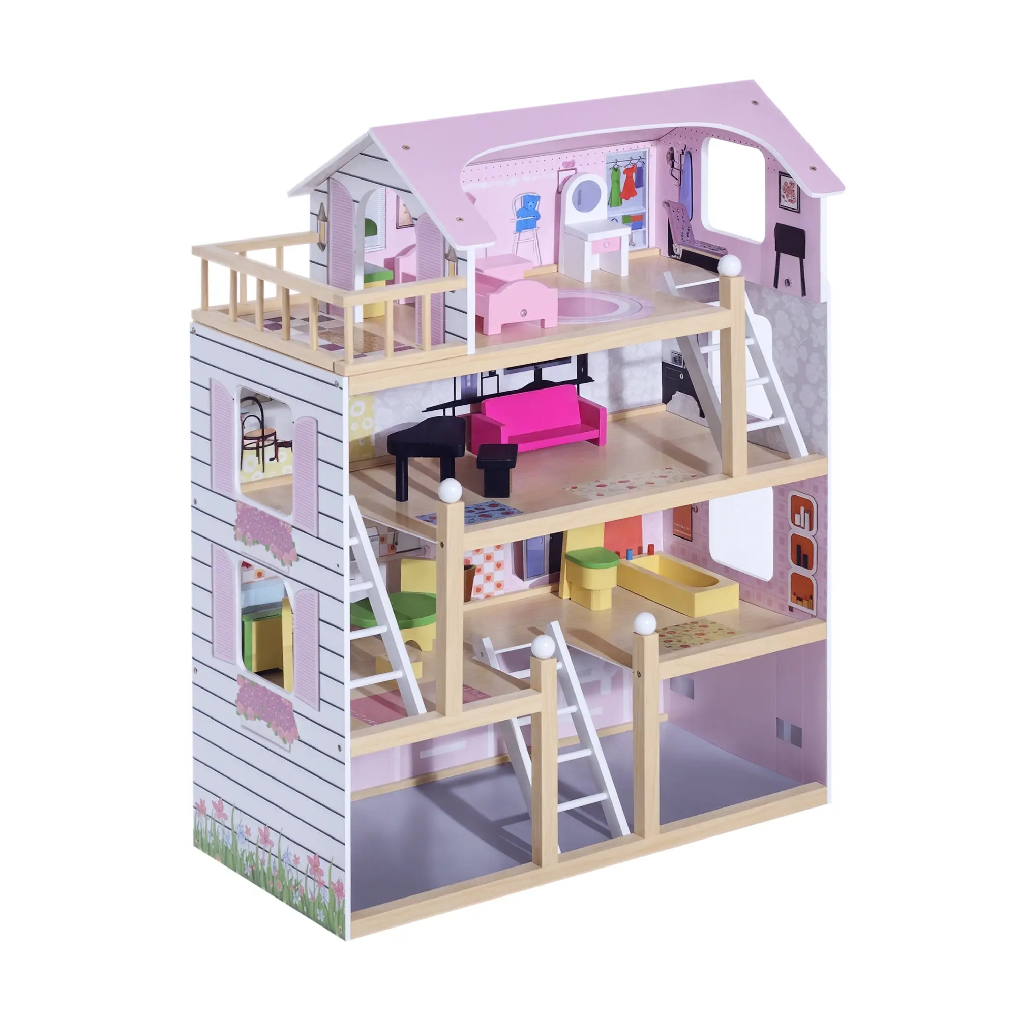 Wooden Dollhouse with 4 Levels Furniture Height 80.5 cm with 13 Accessories Dollhouse for Girls Kids Toy 60.5x30x80.5 cm Pink