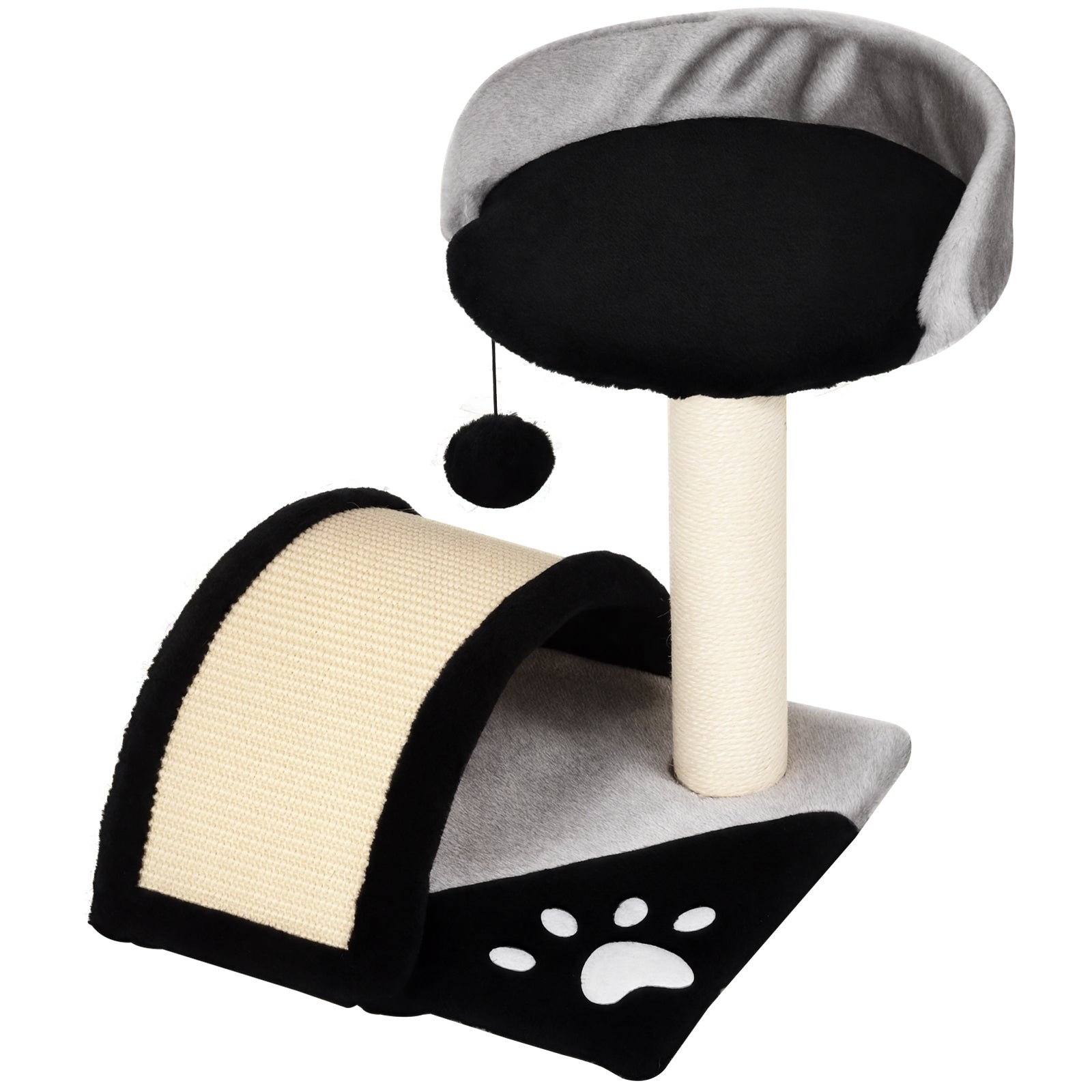 PawHut Kat Boom Krabpaal met Speelballen - Krabtree met Sisal Krabpalen Zwart 35,5 x 37 x 46 cm