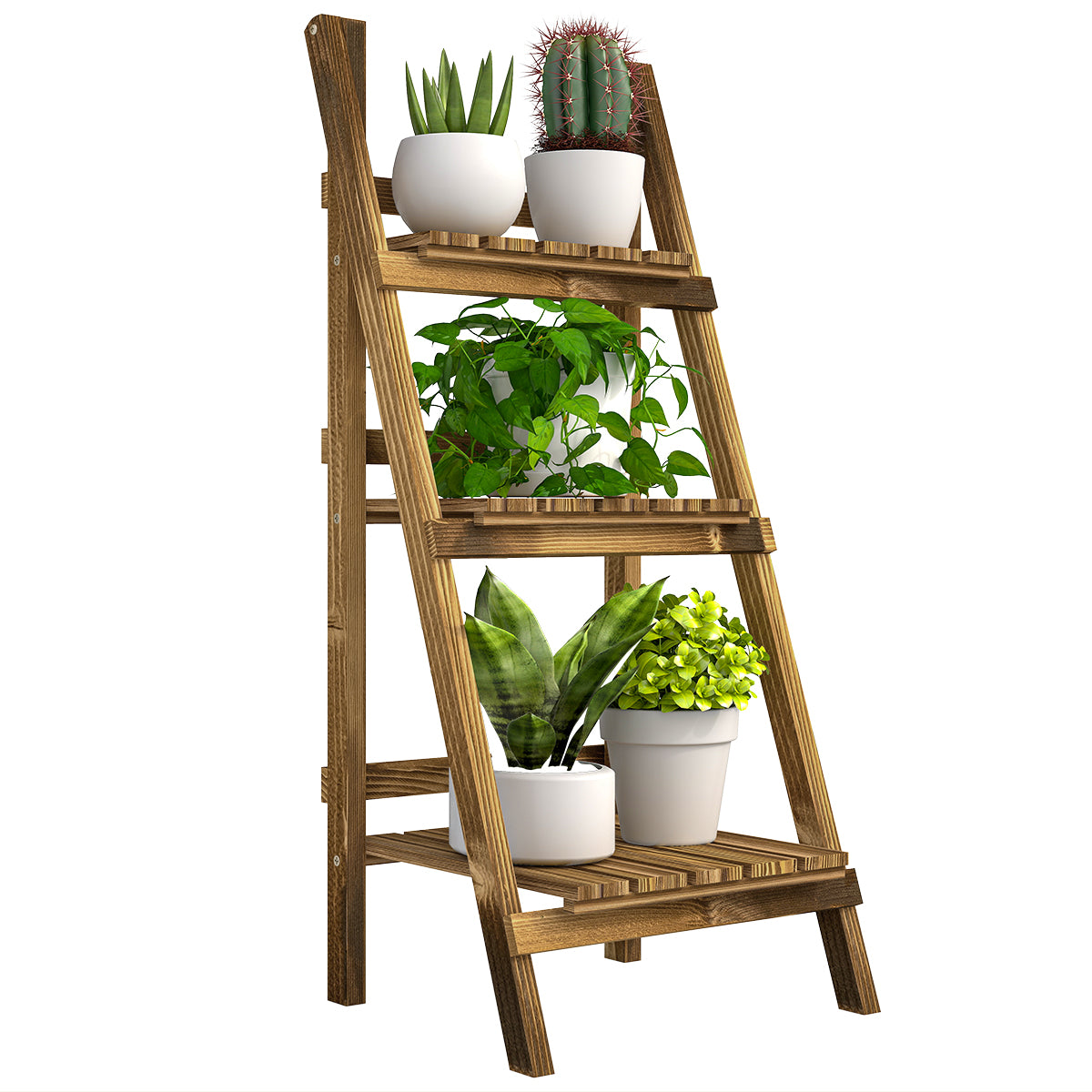 Outsunny 3-Tier Holz Pflanzenständer Klappbares Pflanzenregal für Innen und Außen Terrasse Garten Balkon 40x37x93 cm Natur