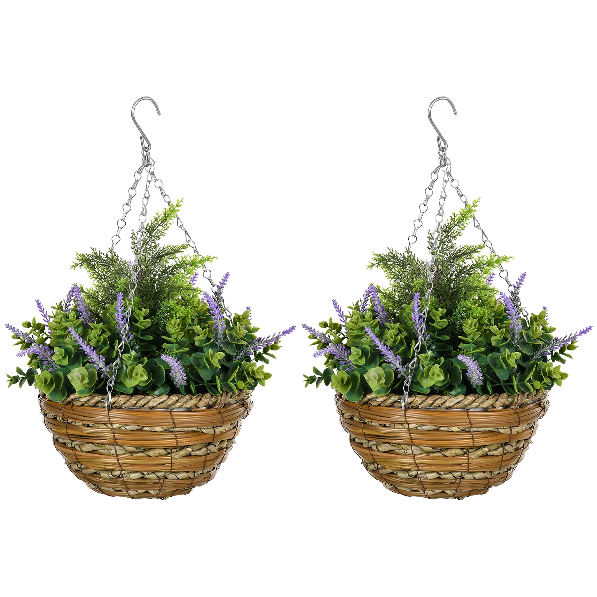 Set 2 Artificial Lavender Plants with Pot and Hook, PE and Wicker Artificial Plants, ?25x34 cm, Green and Purple