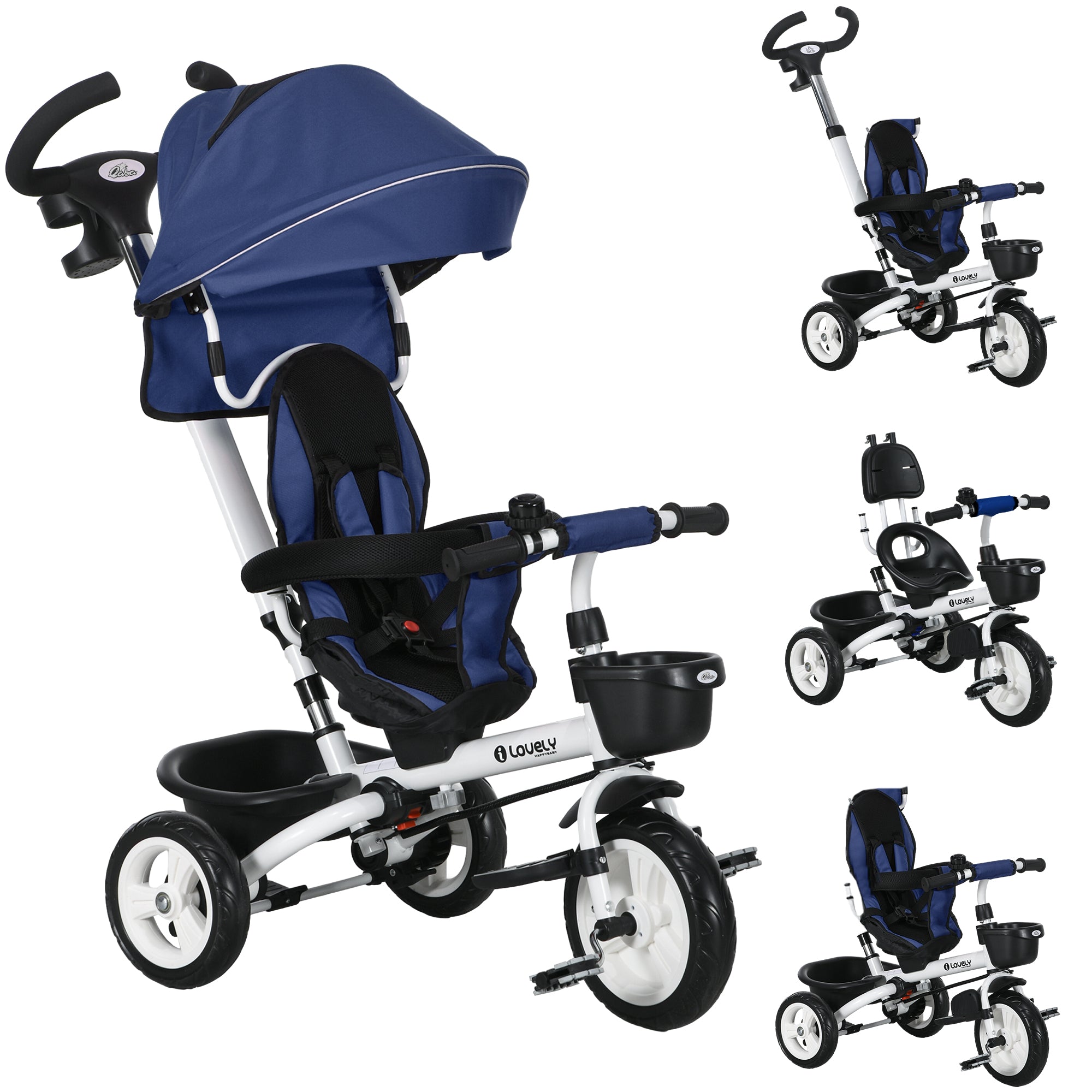 HOMCOM 6-in-1 Tricycle mat Push Handle, Kanner Tricycle mat Sécherheetsgaas, Klappbar, Entfernbar Sonnendach, Becherhalter, Korb, Pedal, bis 25 kg, fir Kanner vun 1-5 Joer, Blo