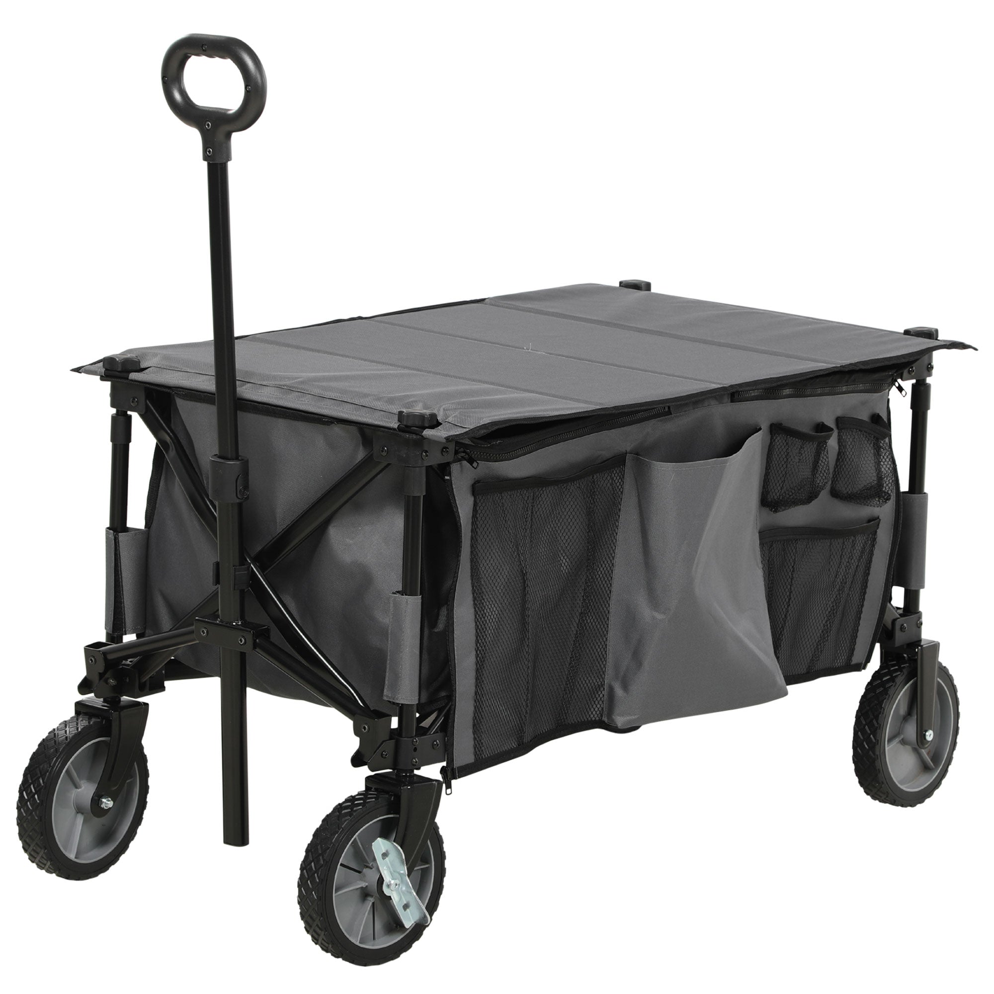 Skladací vozík Outsunny, ručný vozík s kolieskami, brzdami a nosnou taškou, 125L transportný vozík s nosnosťou do 120 kg, XXL úžitkový vozík, záhradný vozík na pláž, kempovanie a nákup, tmavá šedá