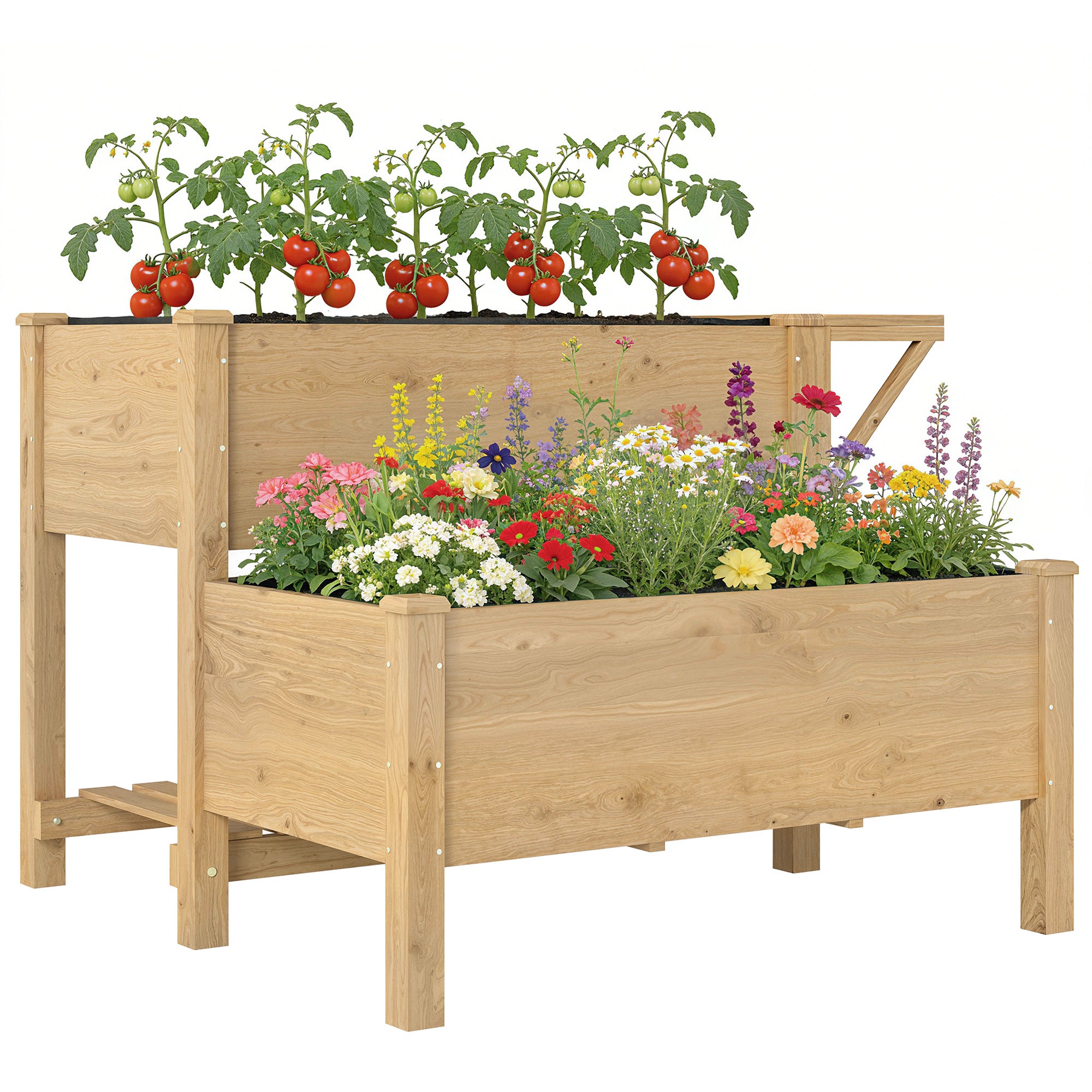 Outsunny 2-Tier Elevated Planter with Fabric Liner, Drainage Holes & Side Shelf, Pine Raised Garden Bed for Garden & Balcony, Ergonomic Design, Light Brown, 119.5 x 102 x 76.5 cm