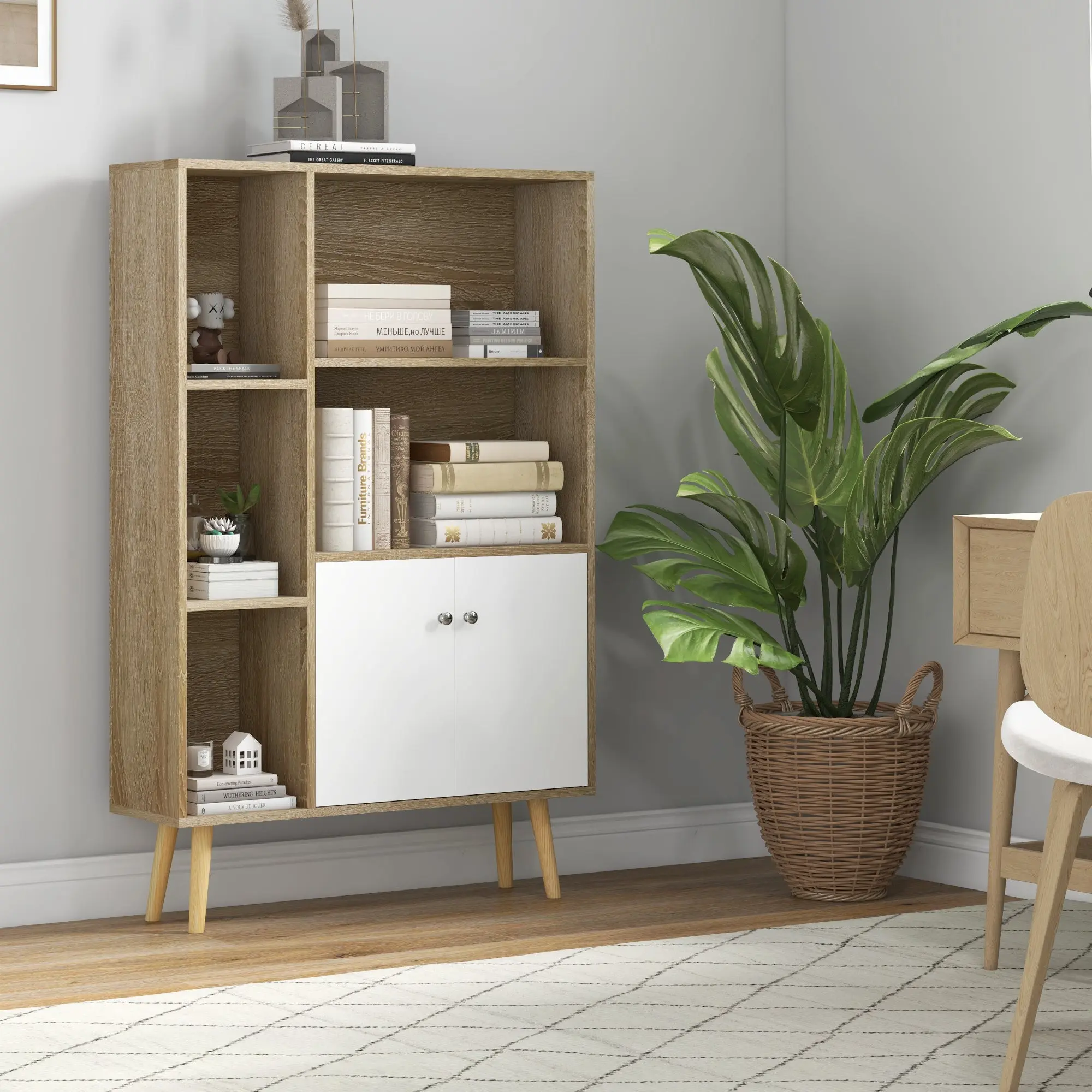 Scandinavian Style Oak Storage Bookshelf dimensions 80L x 23.5W x 123H cm 5 niches cupboard 2 doors tapered solid pine wood legs