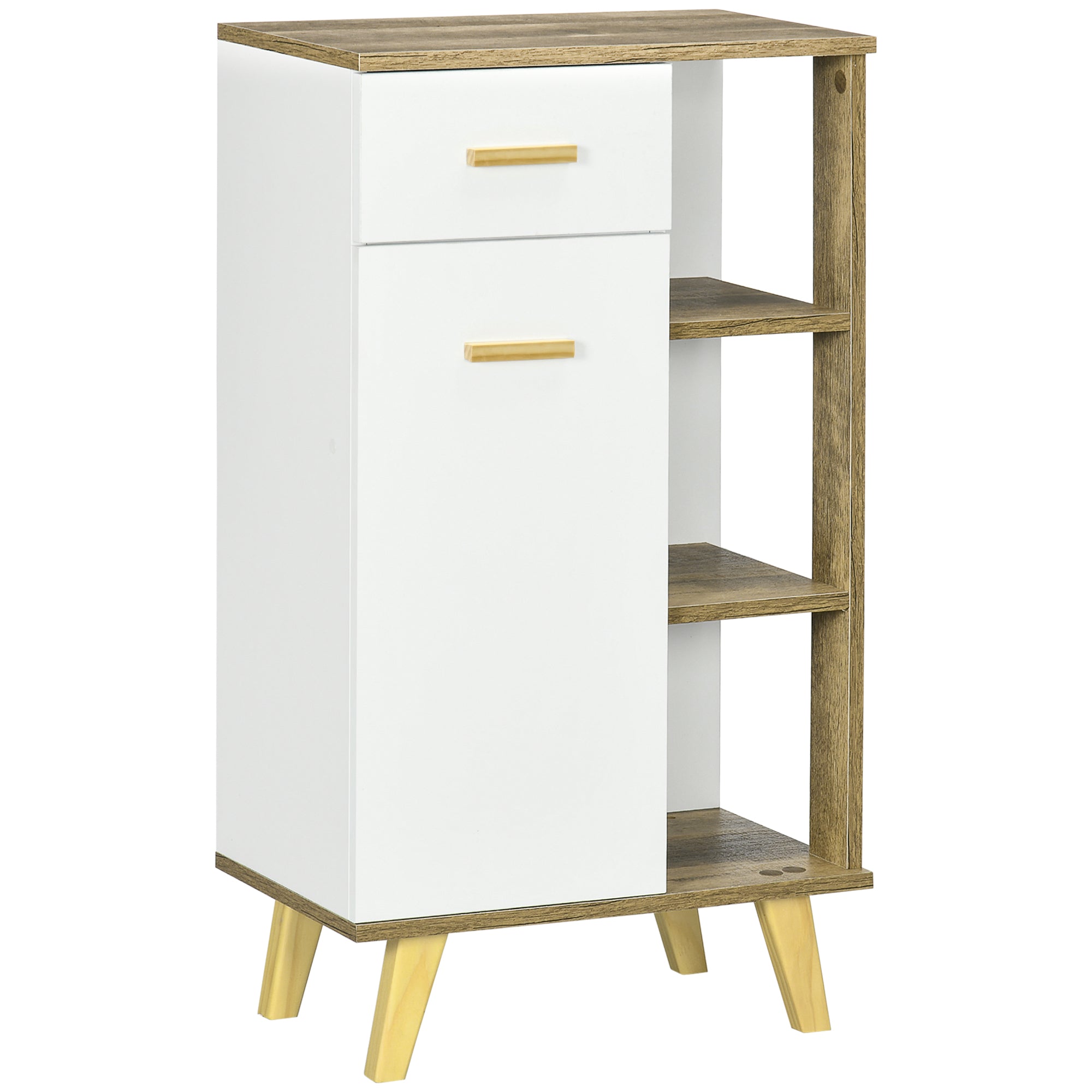 Modern Bathroom Cabinet with Cabinet, Drawer, and Wooden Shelves, Multipurpose Bathroom Cabinet with Raised Base, 50x30x89 cm, White