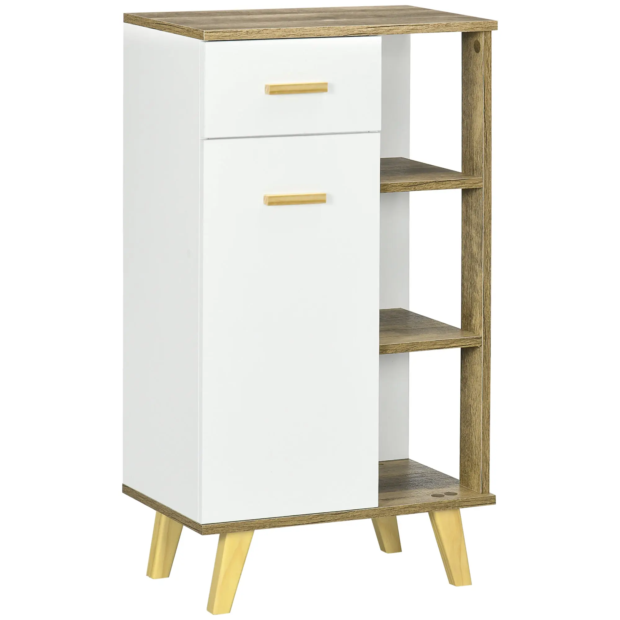 Modern Bathroom Cabinet with Cabinet, Drawer, and Wooden Shelves, Multipurpose Bathroom Cabinet with Raised Base, 50x30x89 cm, White