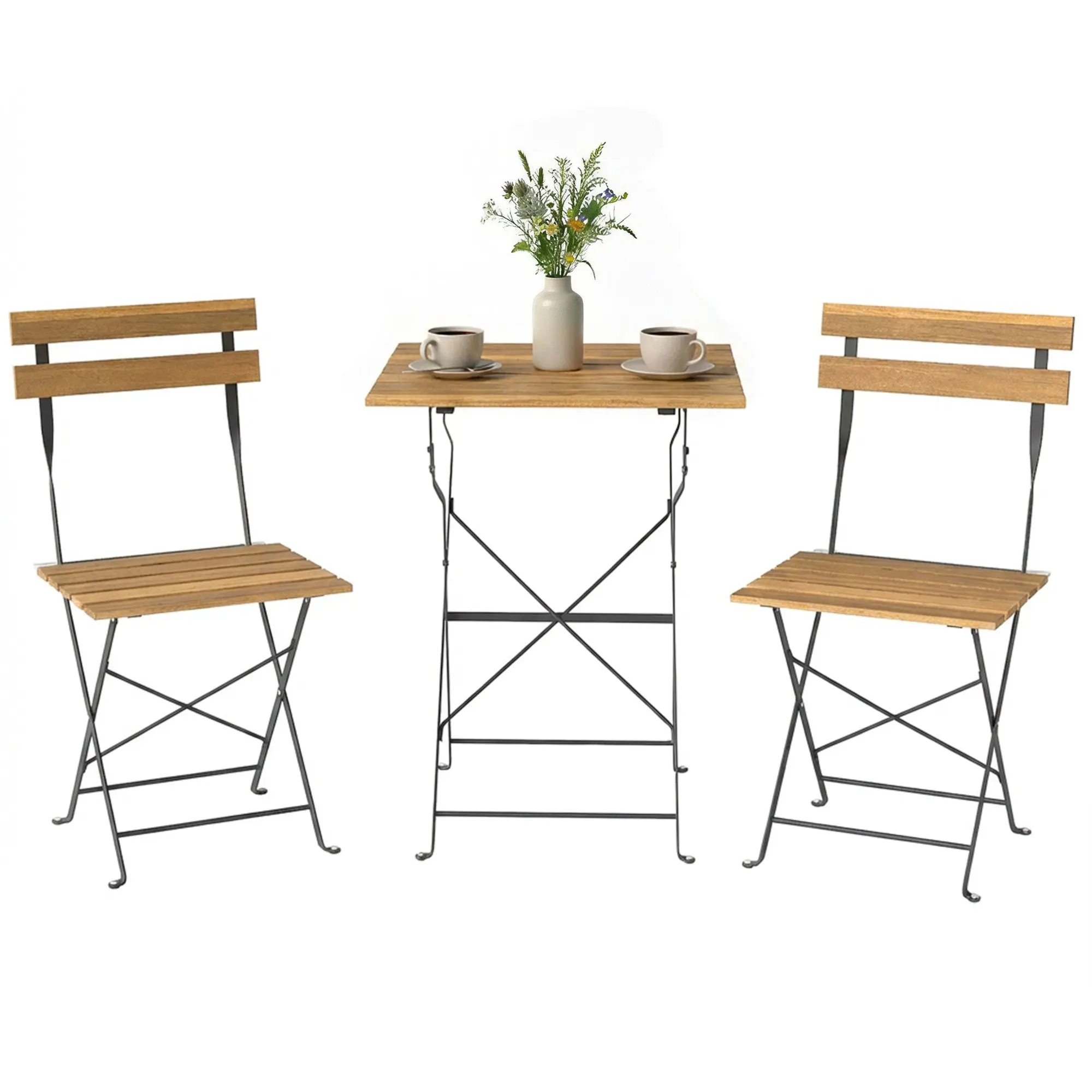 3-Piece Bistro Patio Set – Square Acacia Wood Table & 2 Folding Chairs with Metal Frame, Natural