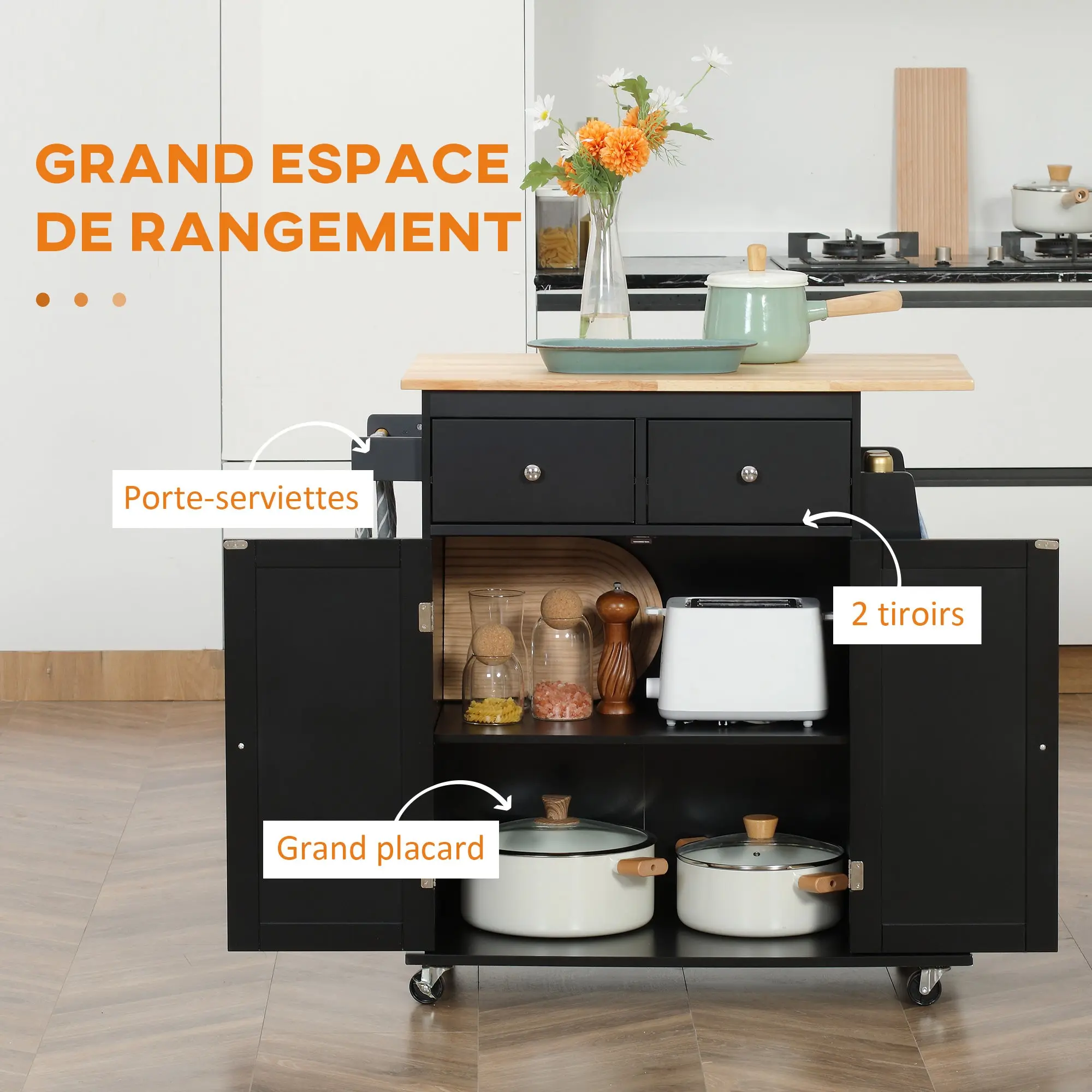 Kitchen Trolley with Worktop Shelf Bottle Holder Towel Holder 2 Drawers Cupboard 2 Doors MDF Black Hevea