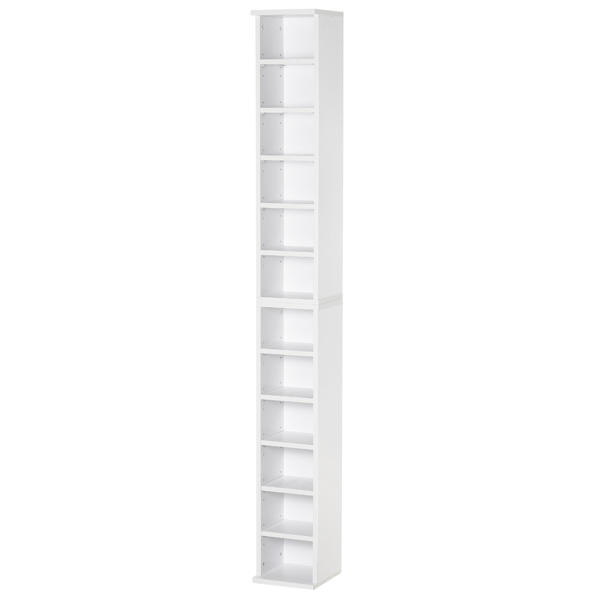 HOMCOM Regály na CD alebo DVD s 12 priehradkami pre 204 CD a nastaviteľným policou do obývacej izby, spálne alebo kancelárie 21x22,5x88,5 cm Biely
