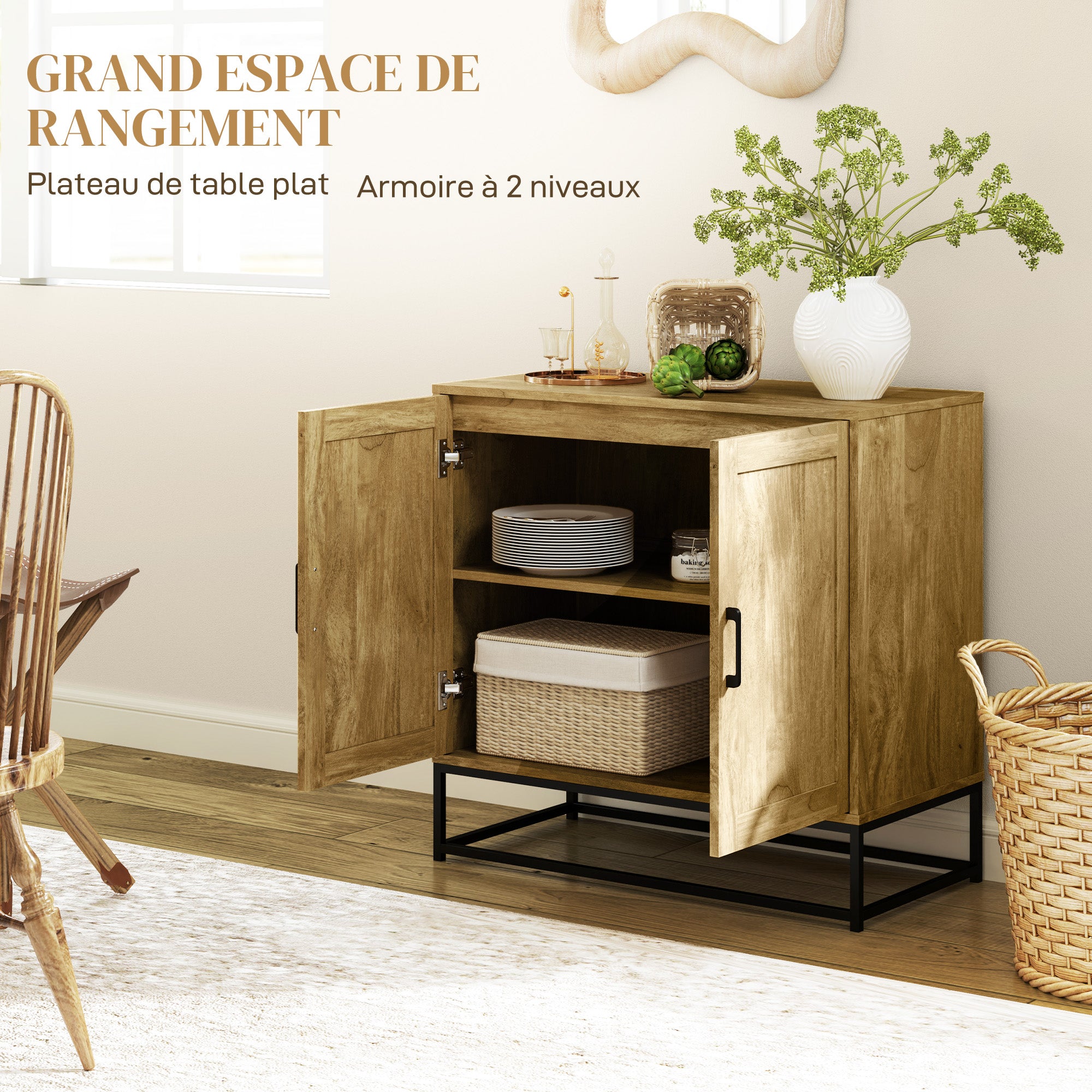 HOMCOM Modern Stílusú Buffet Szekrény 2 Ajtóval, Állítható Polccal - Étkező és Nappali Oldalszekrény, 80 x 40 x 78 cm, Természetes fa