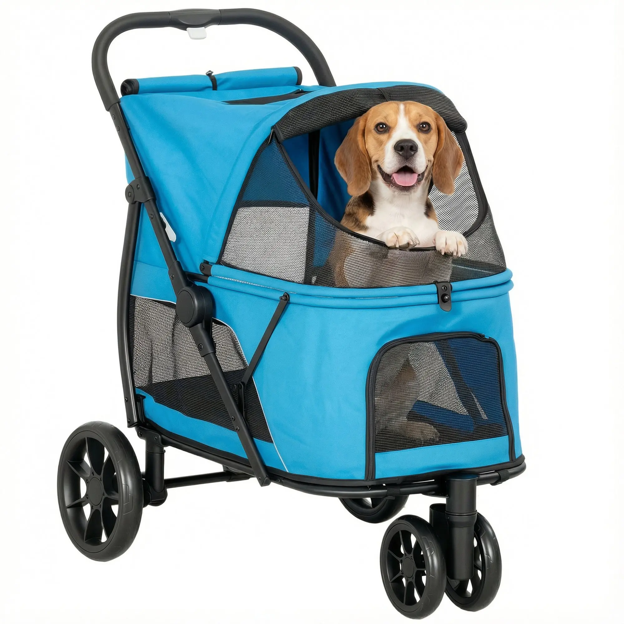 Folding Dog Stroller for Medium Dogs, 3-Wheel All-Terrain Stroller with Mesh Windows, Washable Cushion, Pocket, Safety Straps & Brakes — 44 lb Capacity — 92 x 63 x 95 cm (36.2 x 24.8 x 37.4 in) — Blue