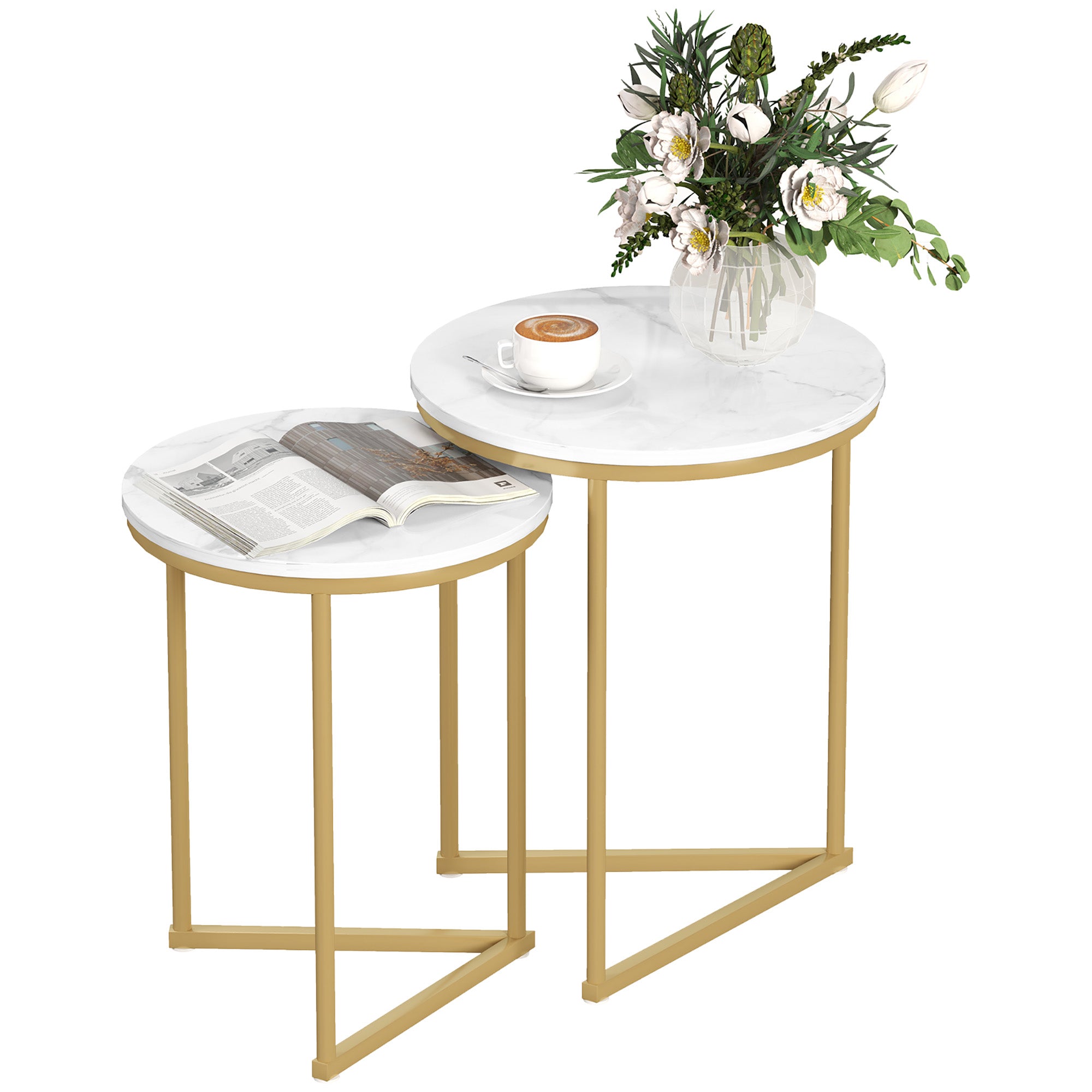 2-Piece Side Table Set, Modern Round Coffee Accent Tables with Gold Steel Legs, Nesting Living Room and Bedroom Tables, Gold Tone