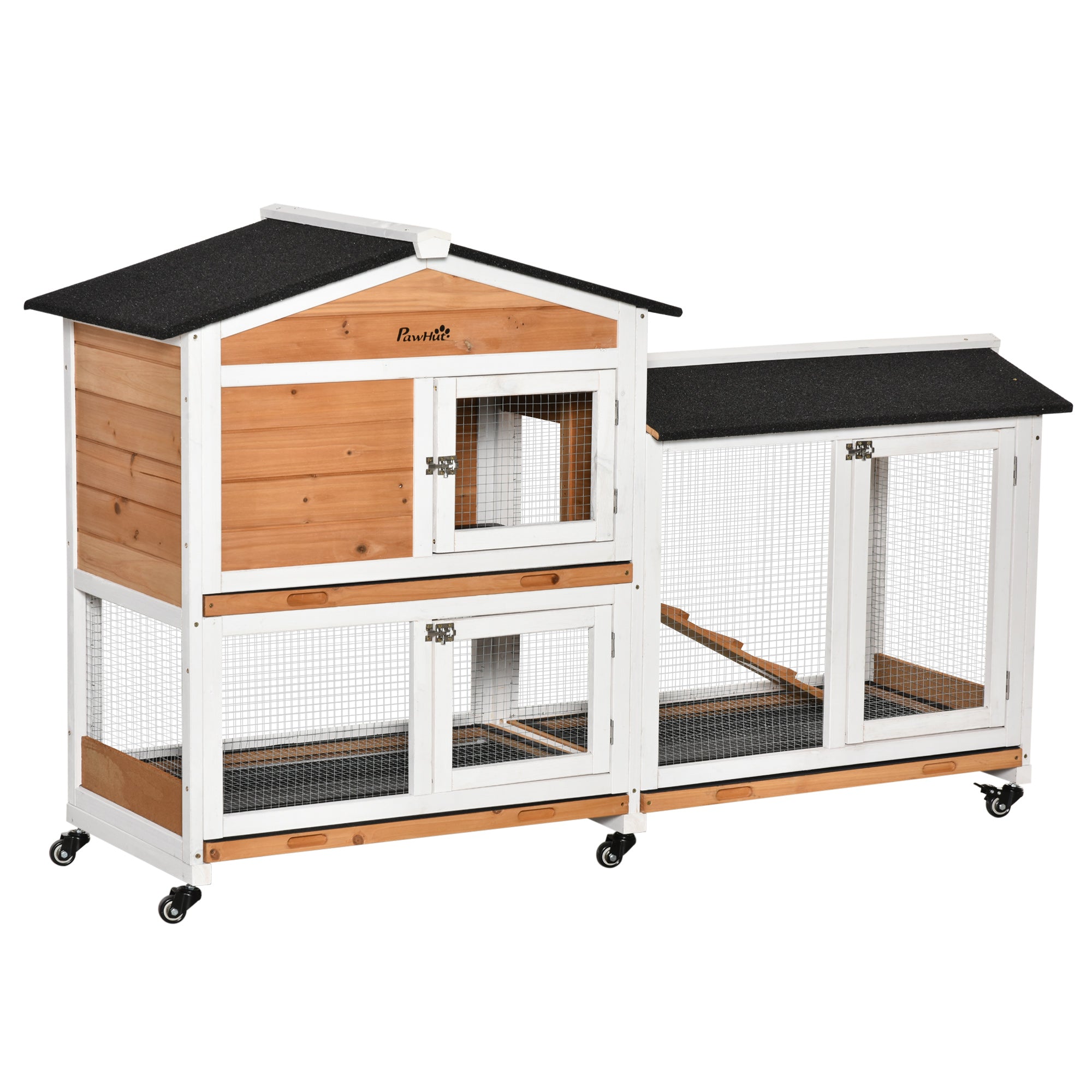 PawHut Natura Holz Kaninchenhaus 157,4x53x99,5 cm grousse Käfeg mat Rieder Asphaltdach, demontabeler Schacht an Ramp fir den Outdoor