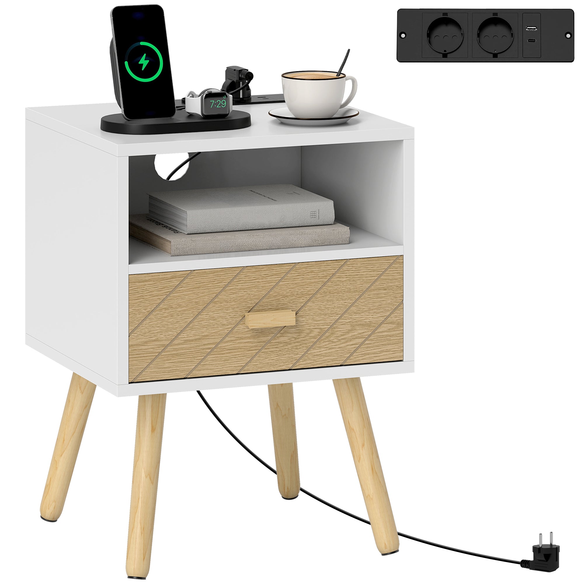 HOMCOM naktsgaldiņš ar uzlādes staciju, atvilktni, 2 kontaktligzdām, USB un USB‑C, atklāts plaukts, priedes kājas, balts