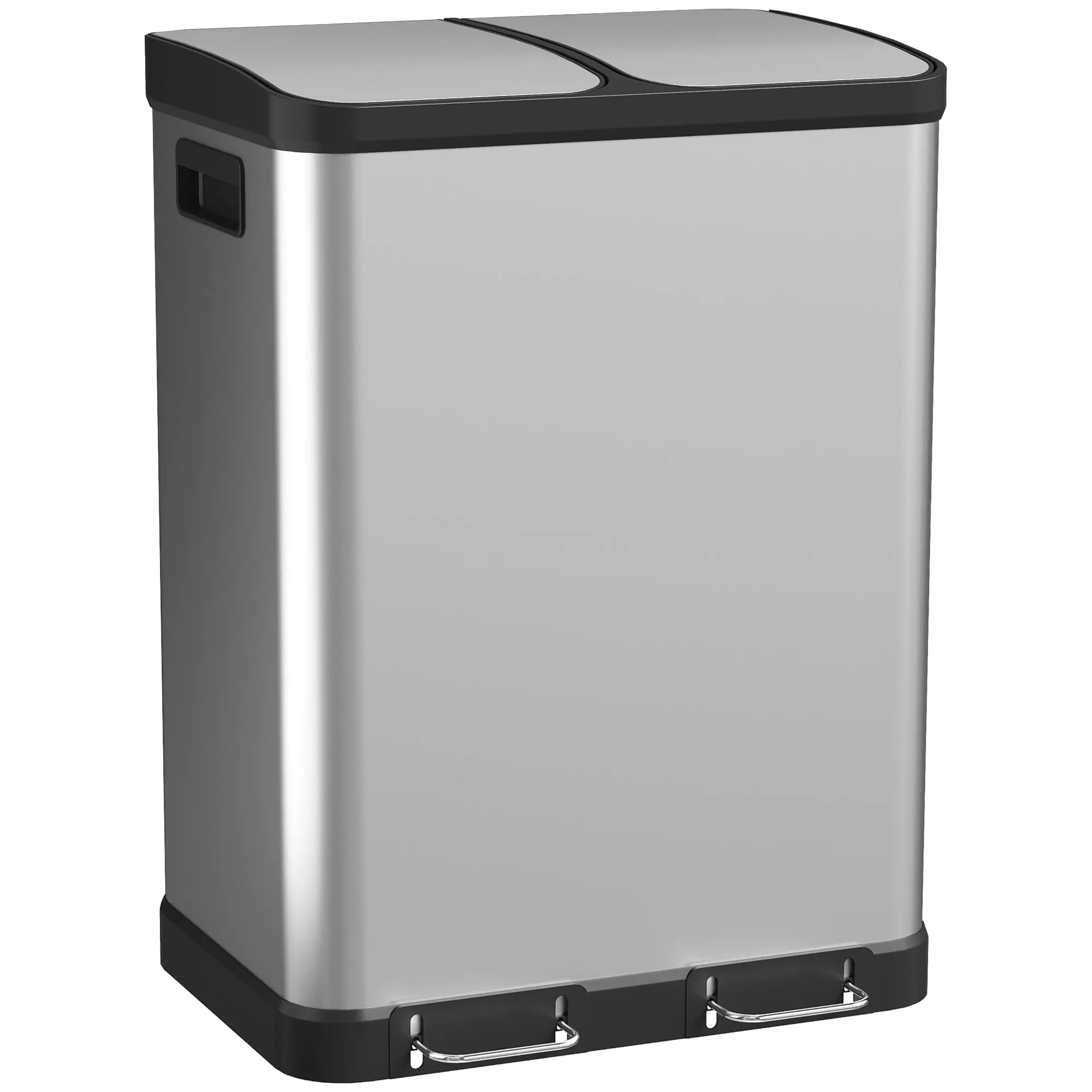 2-Compartment Kitchen Trash Can, 2 x 30 L (60 L) Stainless Steel, Soft-Close Lids, Removable Inner Buckets, Fingerprint-Resistant - Silver