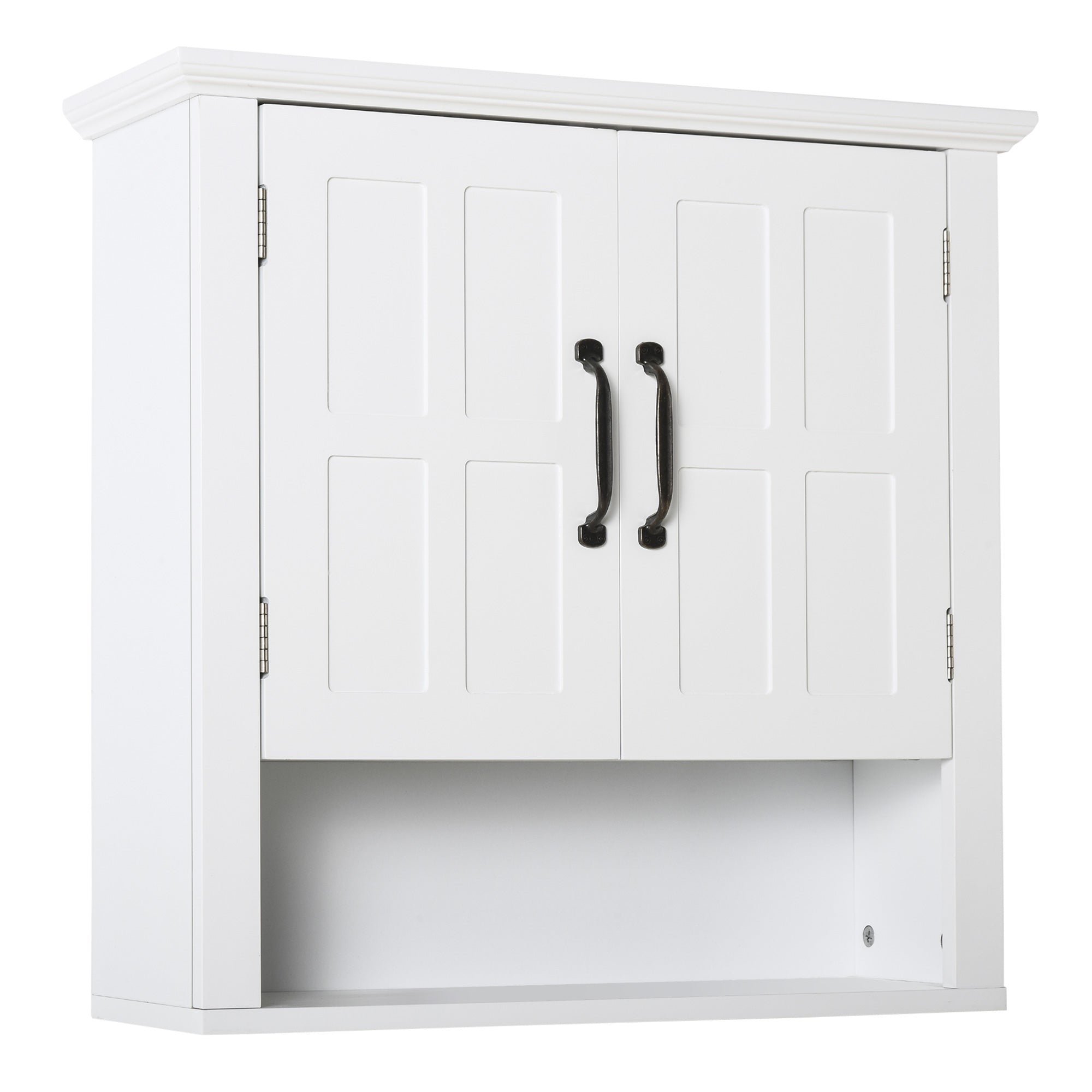 HOMCOM Wandschaf fir Buedzëmmer - Wandmontéiert Buedzëmmer Cabinet mat 2 Deieren, Justéierbare Regal a Offene Späicher fir Toilèt, Schlofen, Douche 60x19.8x58 cm Wäiss