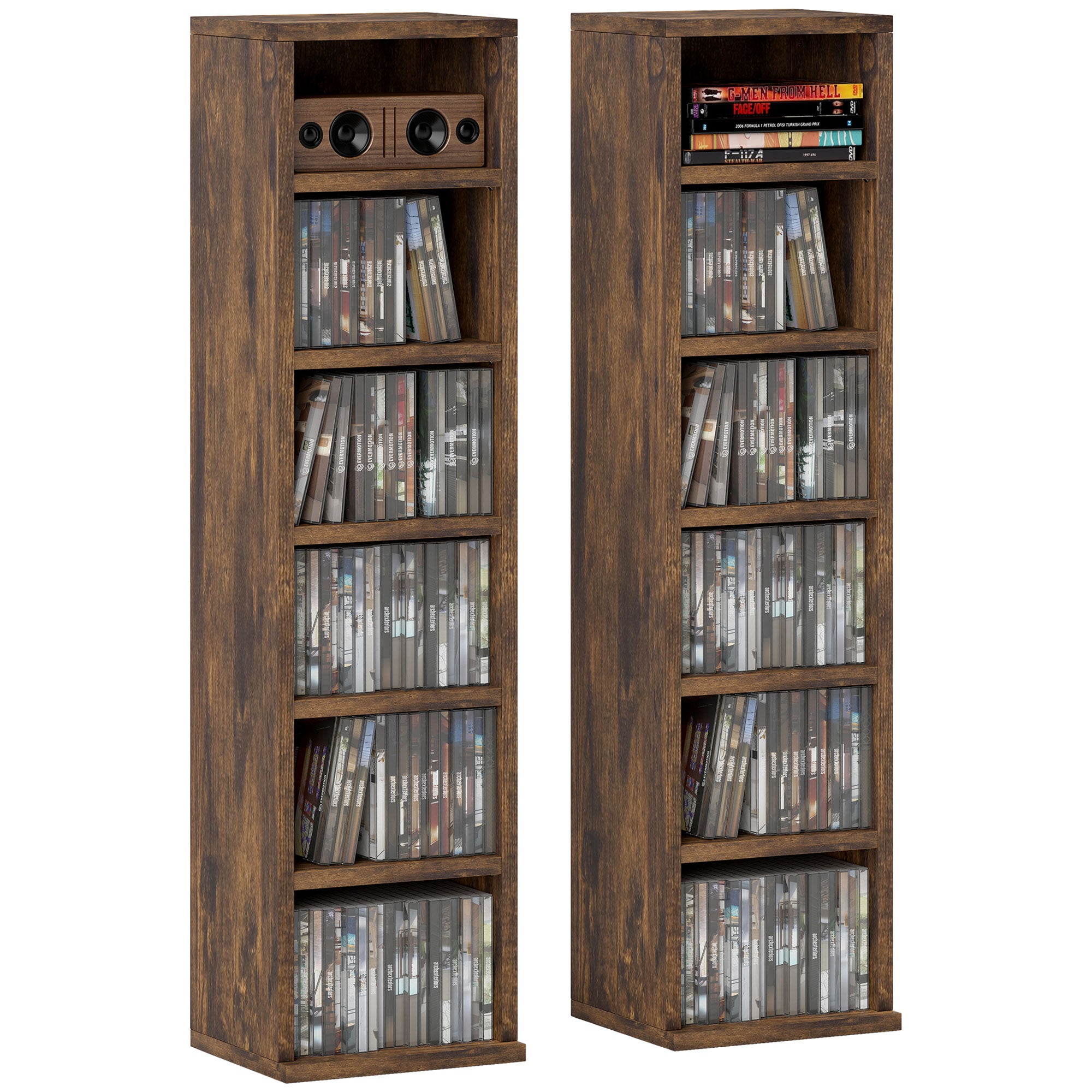 HOMCOM Sæt med 2 søjleskabe til CD-DVD opbevaring 6 + 6 rum 21 x 22,5 x 88,5 cm maksimalt kapacitet 204 CDs rustik brun