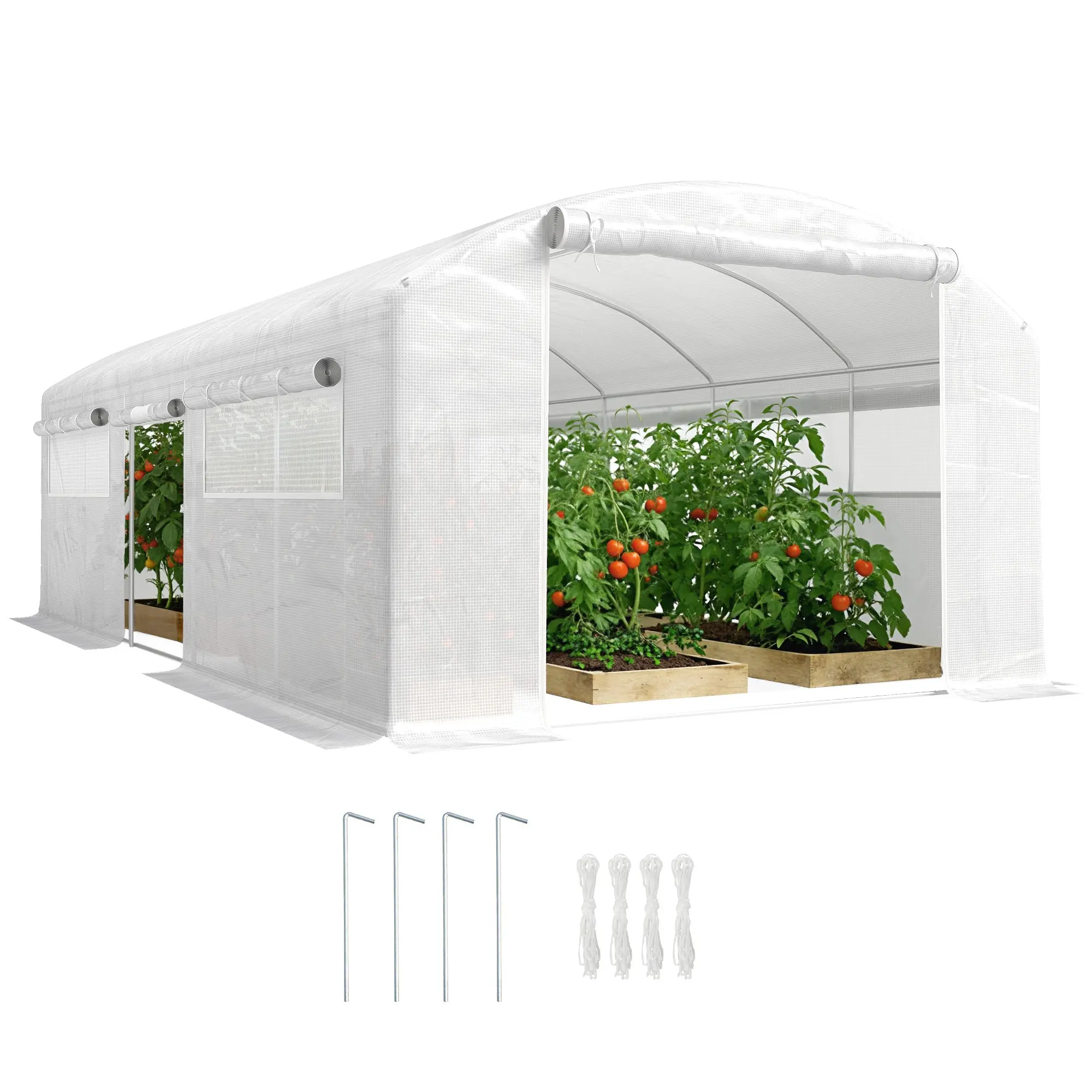 Outdoor Tunnel Greenhouse 19.7' x 9.8' x 6.6' (6 x 3 x 2 m), 3 Roll-Up Doors, Mesh Windows, 140 g/m² UV PE Cover, Galvanized Steel Frame, White