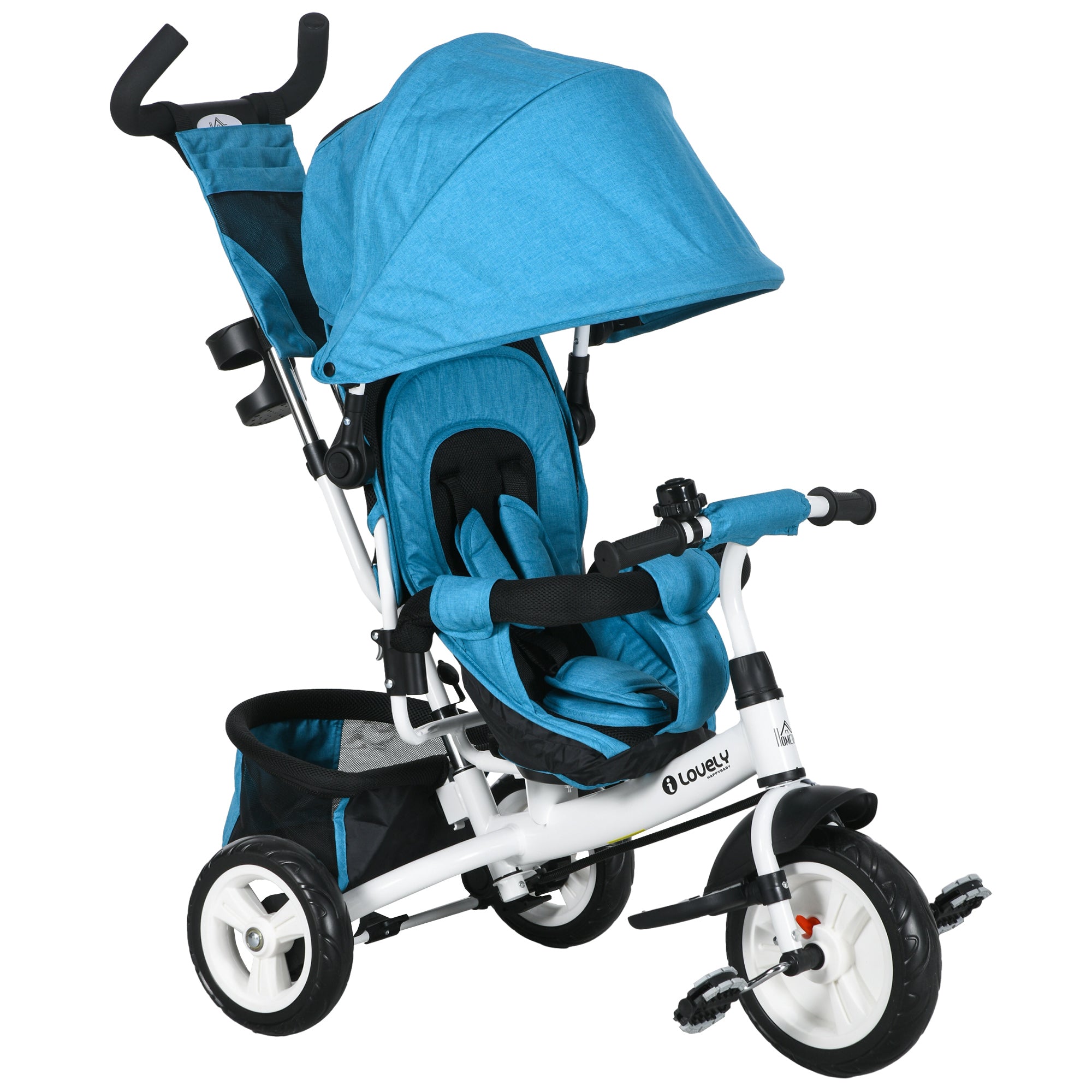 HOMCOM 6-in-1 Trike mat Schiebegrëff, Kanner Trike mat ofnehmbarer Sonnenschied, Këssen, Korrekturbike mat 5-Punkt Sécherheetsband, Këscht, Tëscherhaler, fir 1-5 Joer al, Blo