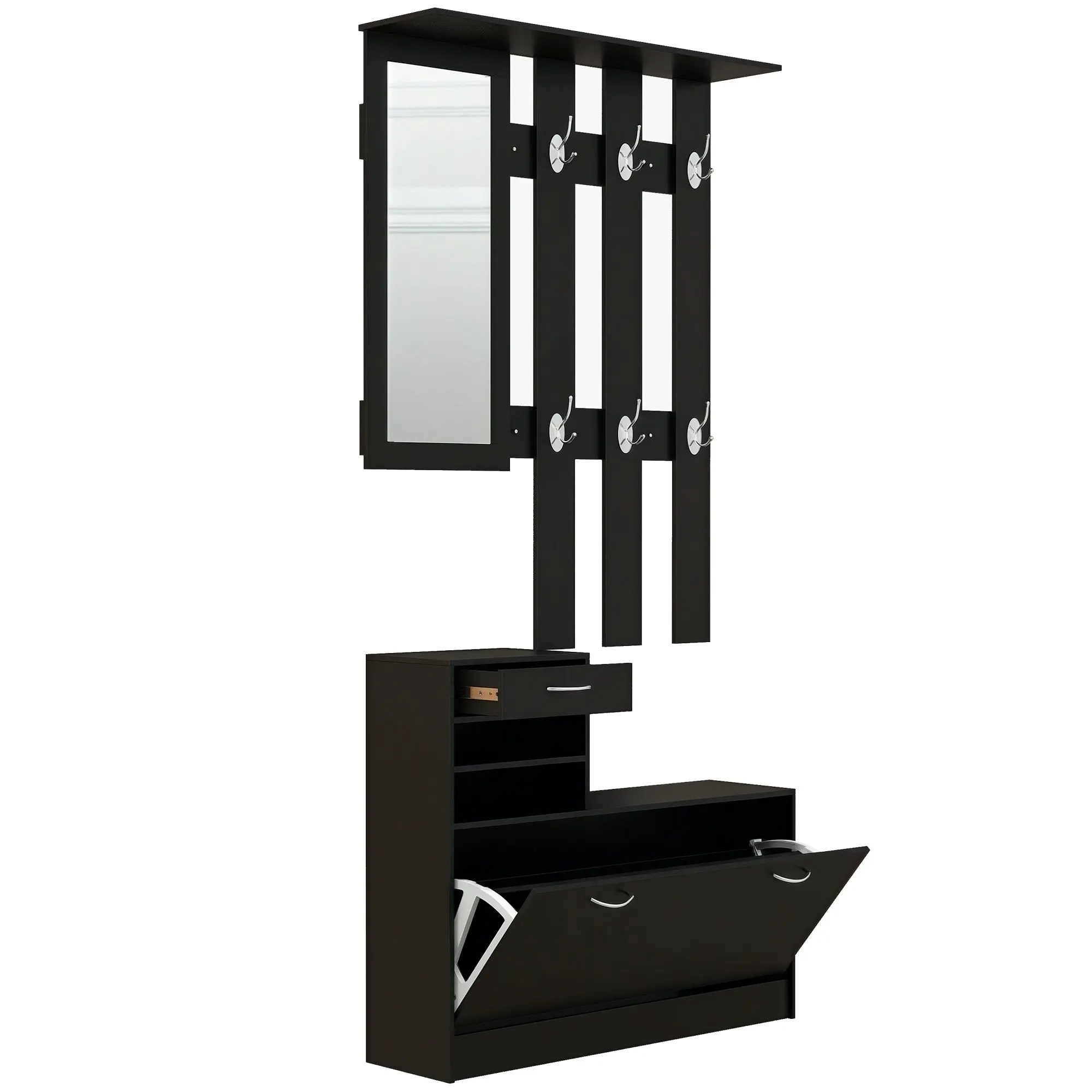3-in-1 Entryway Furniture Set with Coat Rack Panel, Mirror, and Shoe Bench - 6 Hooks and Adjustable Shelf, Black