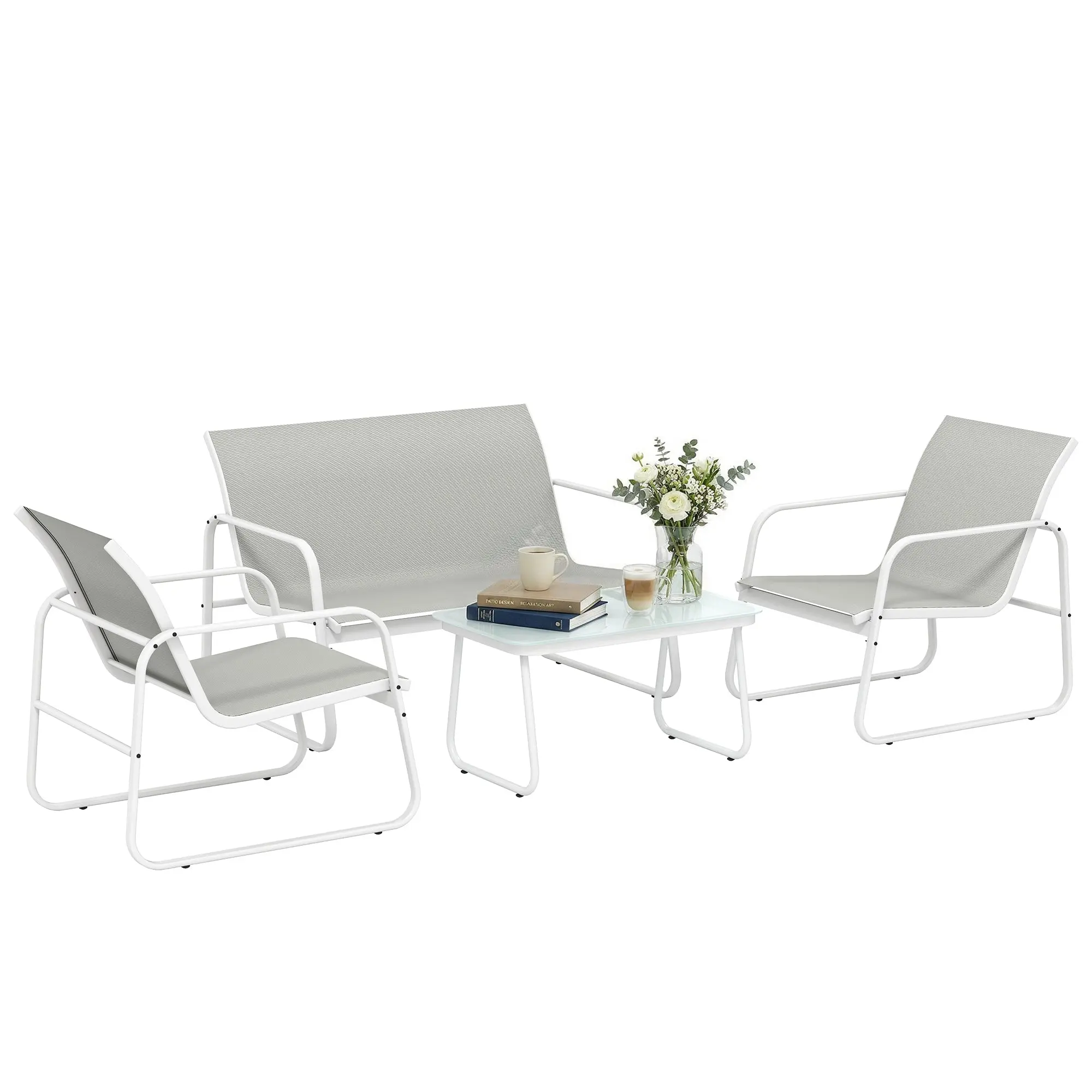 4-Piece Outdoor Garden Furniture Set – 2-Seater Sofa, 2 Armchairs & Tempered Glass Table, Breathable Textilene, Steel Frame, Light Gray