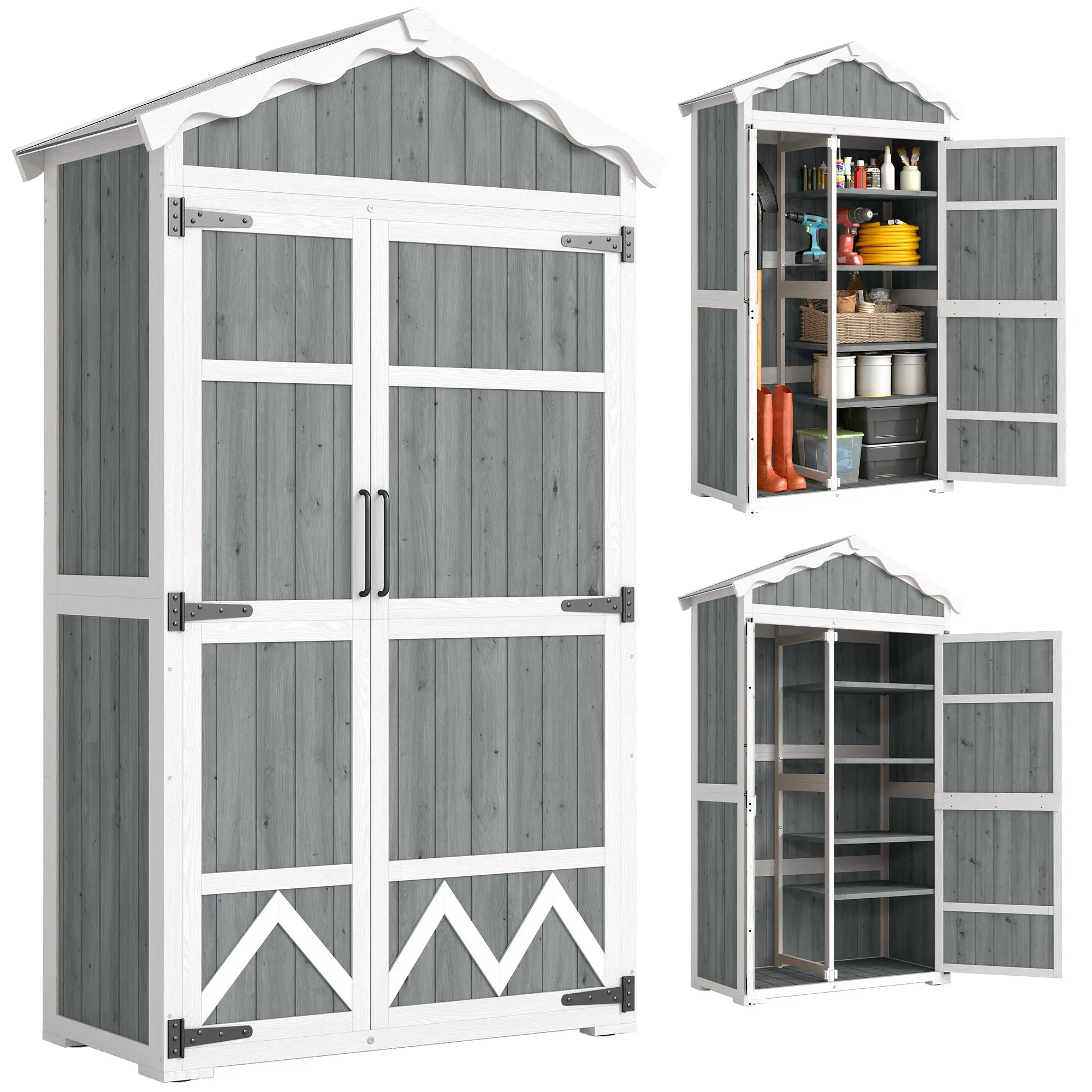 Wooden Garden Shed 105 x 55 x 179 cm (41.3 x 21.7 x 70.5 in) Weatherproof Outdoor Storage Cabinet with 2 Doors, 4 Removable Shelves, Galvanized Metal Roof, Adjustable Feet – Gray