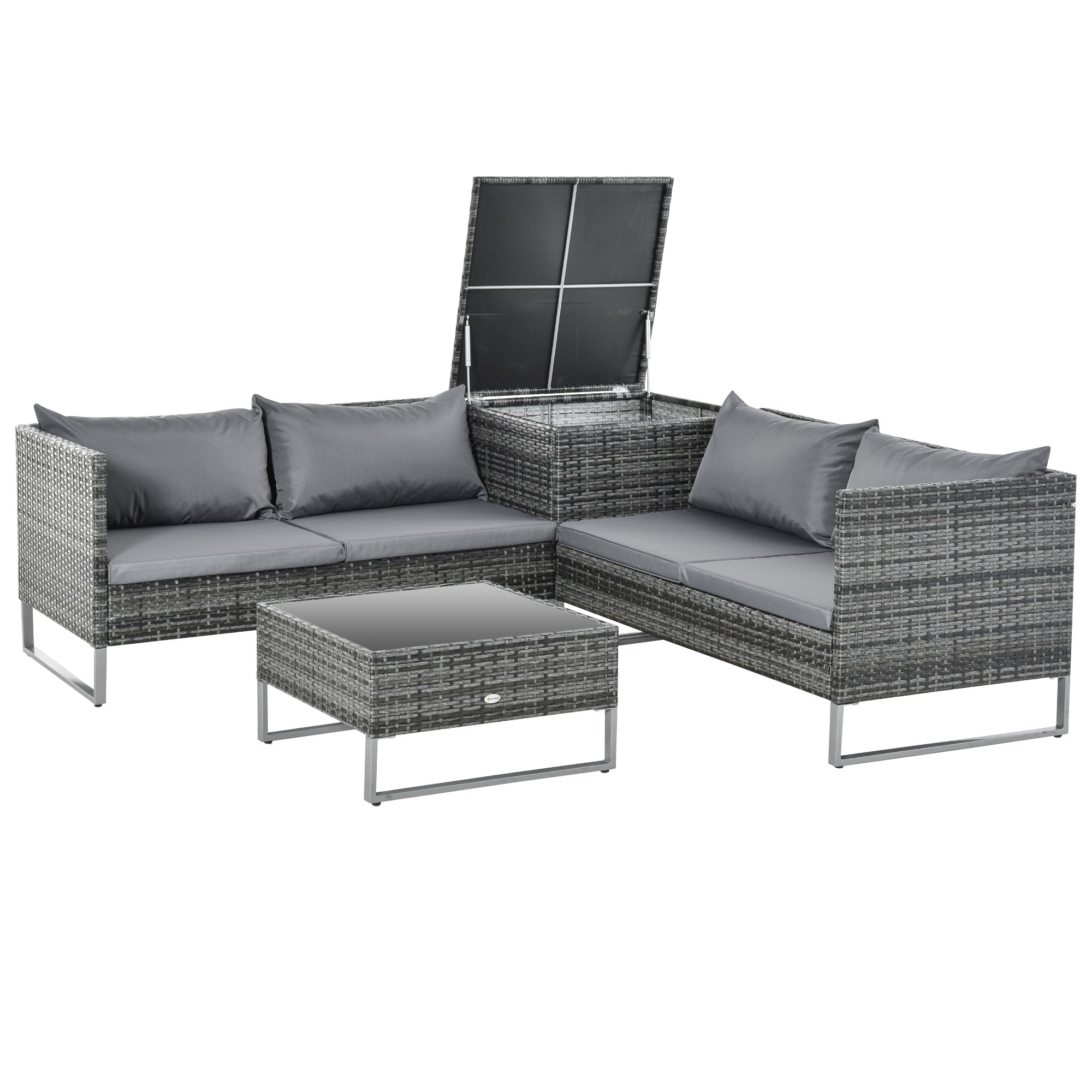 Outsunny 4-teiliges Rattan Gartenmöbelset mit 2 Doppelsofas, Zentral- und Stauraumtisch, abnehmbaren Kissen für Terrasse 132x69x64 cm Grau