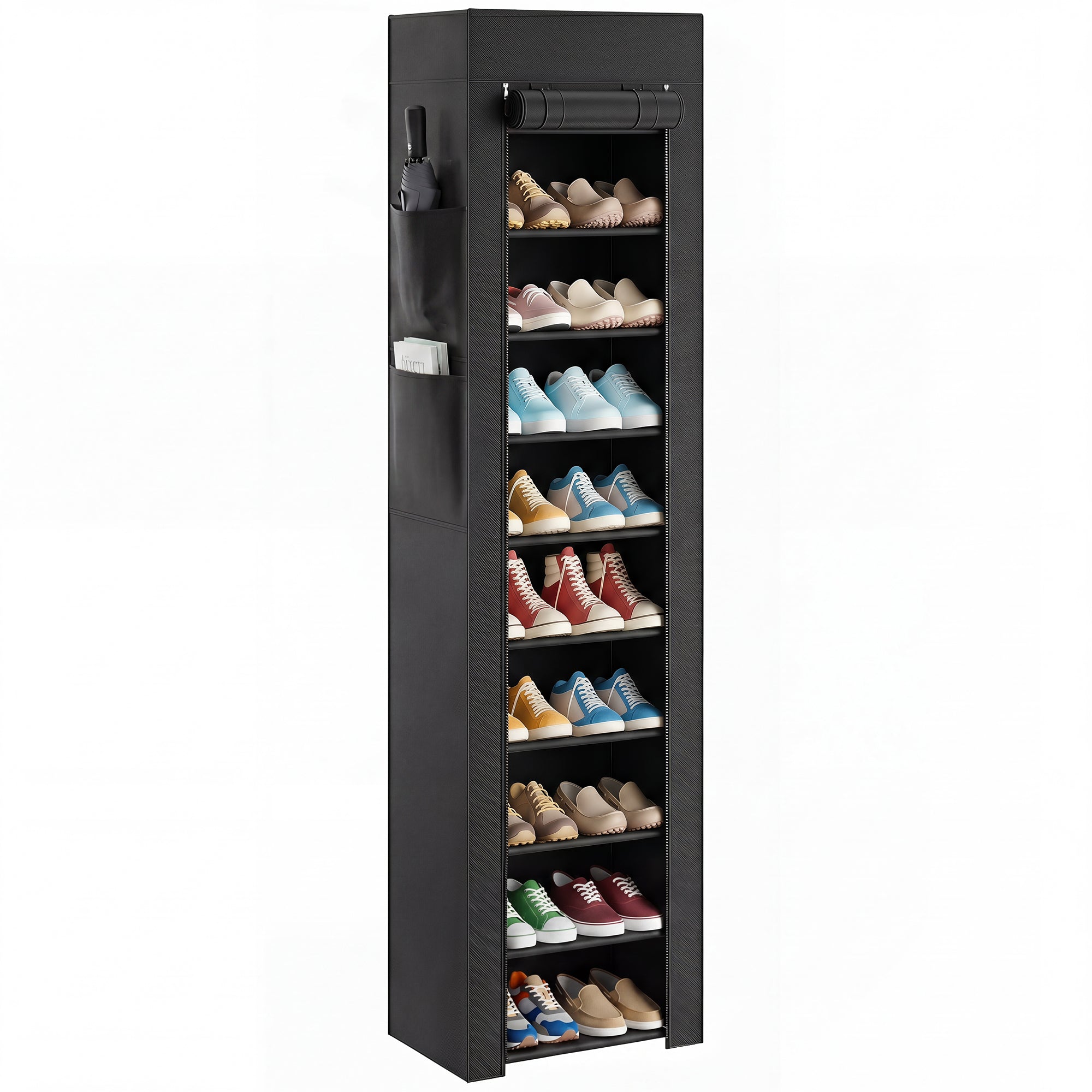 10-Tier Slim Metal Shoe Rack with Dust Cover – Space-Saving Organizer for 20 Pairs, 17.7 x 11.8 x 68.9 in (45 x 30 x 175 cm), Black