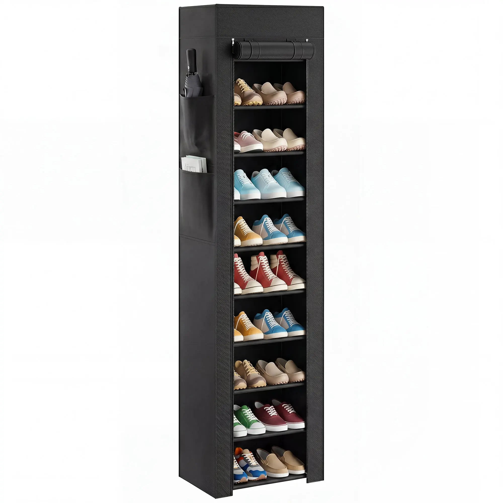 10-Tier Slim Metal Shoe Rack with Dust Cover – Space-Saving Organizer for 20 Pairs, 17.7 x 11.8 x 68.9 in (45 x 30 x 175 cm), Black