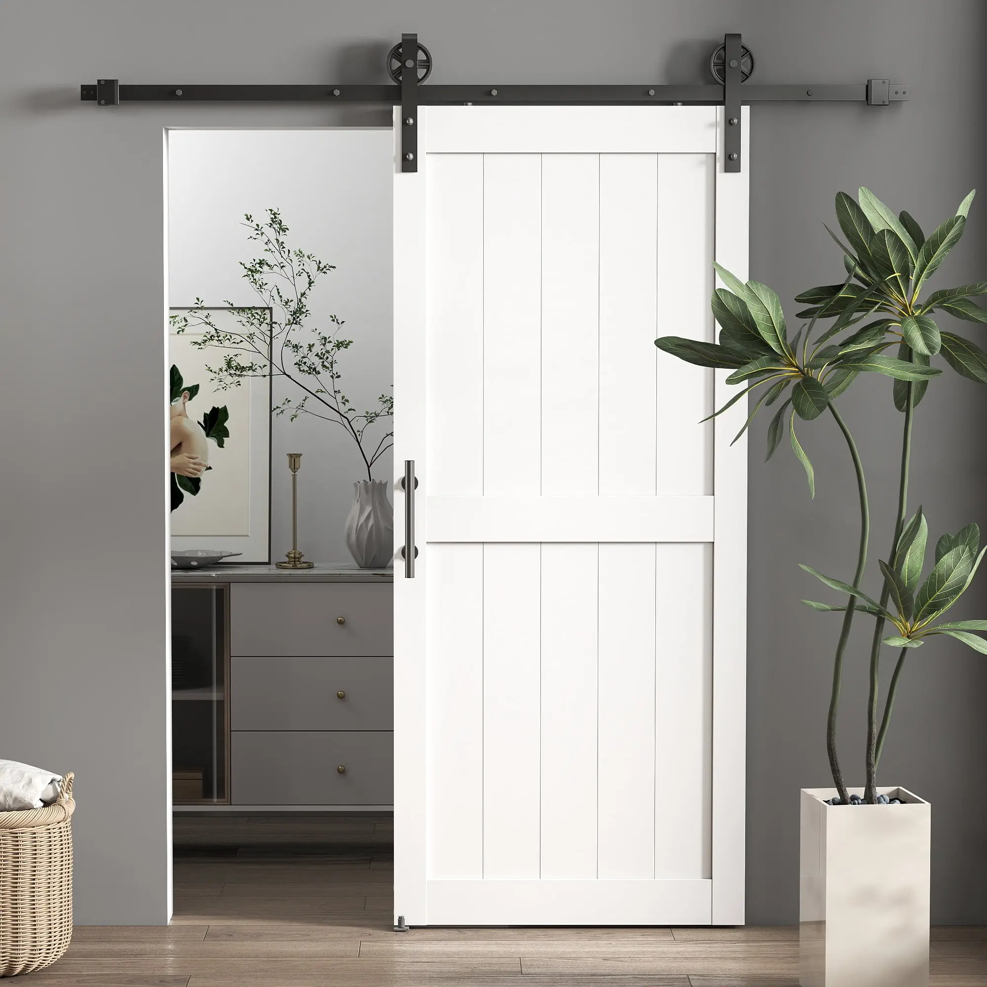 Internal Sliding Wall Door 32.0 x 84.0 in (81.3 x 213.4 cm) — Steel Track, Upgraded Handle & Rollers, Industrial Style MDF & Pine Door, Waterproof, for Kitchen/Bath/Living Room