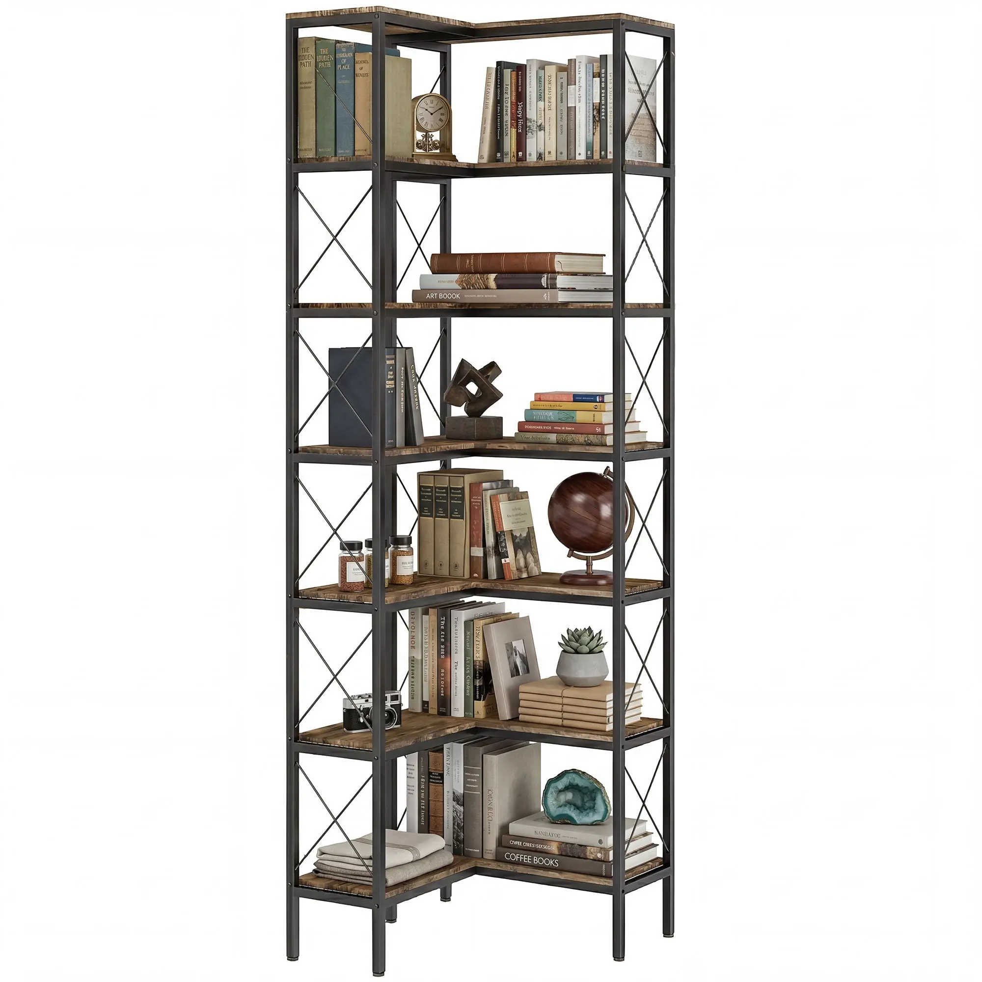 L-Shaped Corner Bookshelf, 6-Tier Industrial Bookcase with Metal Frame, Space-Saving Corner Shelving Unit for Living Room, Home Office, Rustic Brown, 60 x 60 x 200 cm