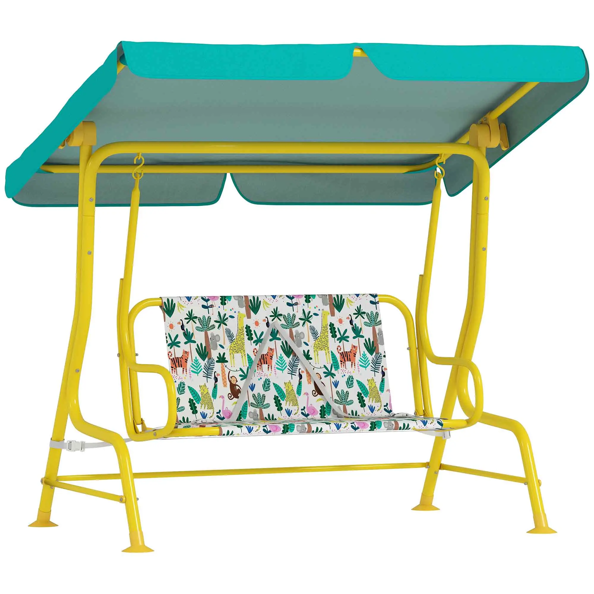 Kids' Patio Swing, 2-Seater Children's Swing with Adjustable Canopy, Safety Belts — Garden/Patio Swing Bench for Ages 3–6, Up to 132 lb, Green