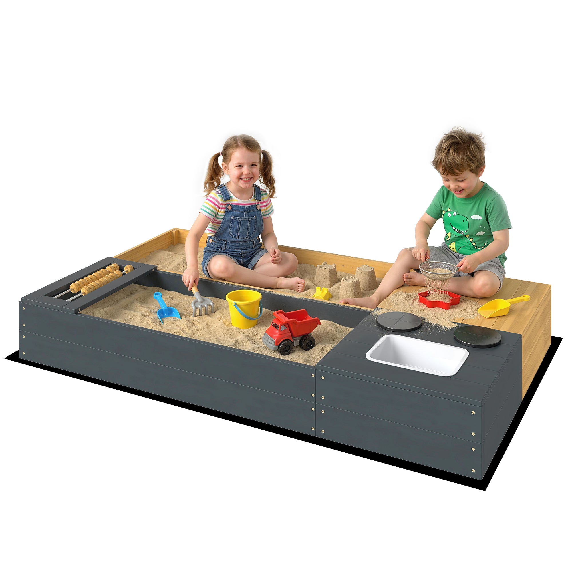 Kids Wooden Sandbox with Bench and Storage, 2-Piece Outdoor Sandpit with Play Stove, Removable Sink and Abacus Beads, Flexible Layout Garden Sand Box for Ages 3-8