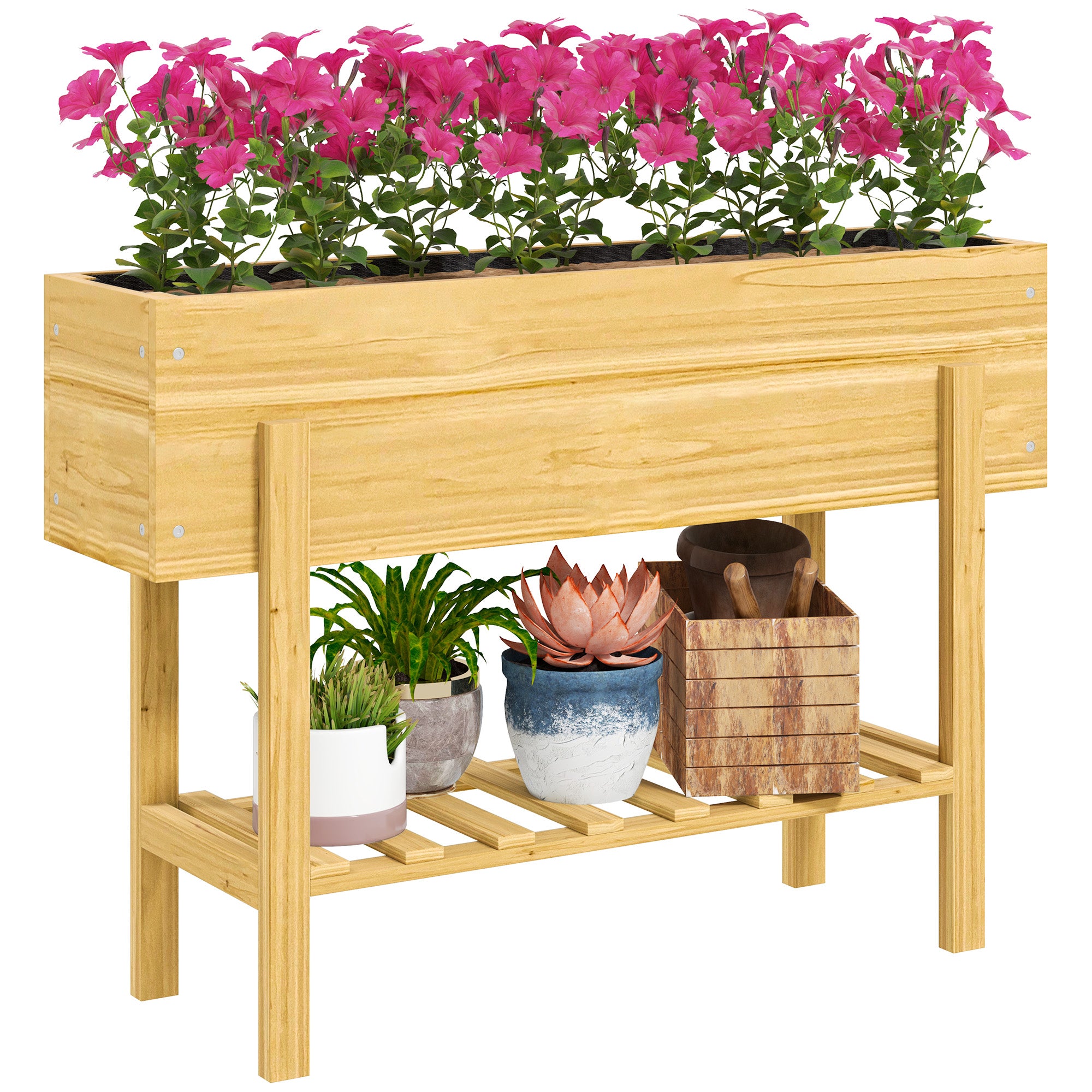 Raised Bed with Shelf, Elevated Herb Planter with Drainage Holes, Wooden Plant Box, Weather-resistant Vegetable Bed, Garden Bed, Planting Bed for Garden, Balcony, 100 x 30 x 70.5 cm Natural Wood