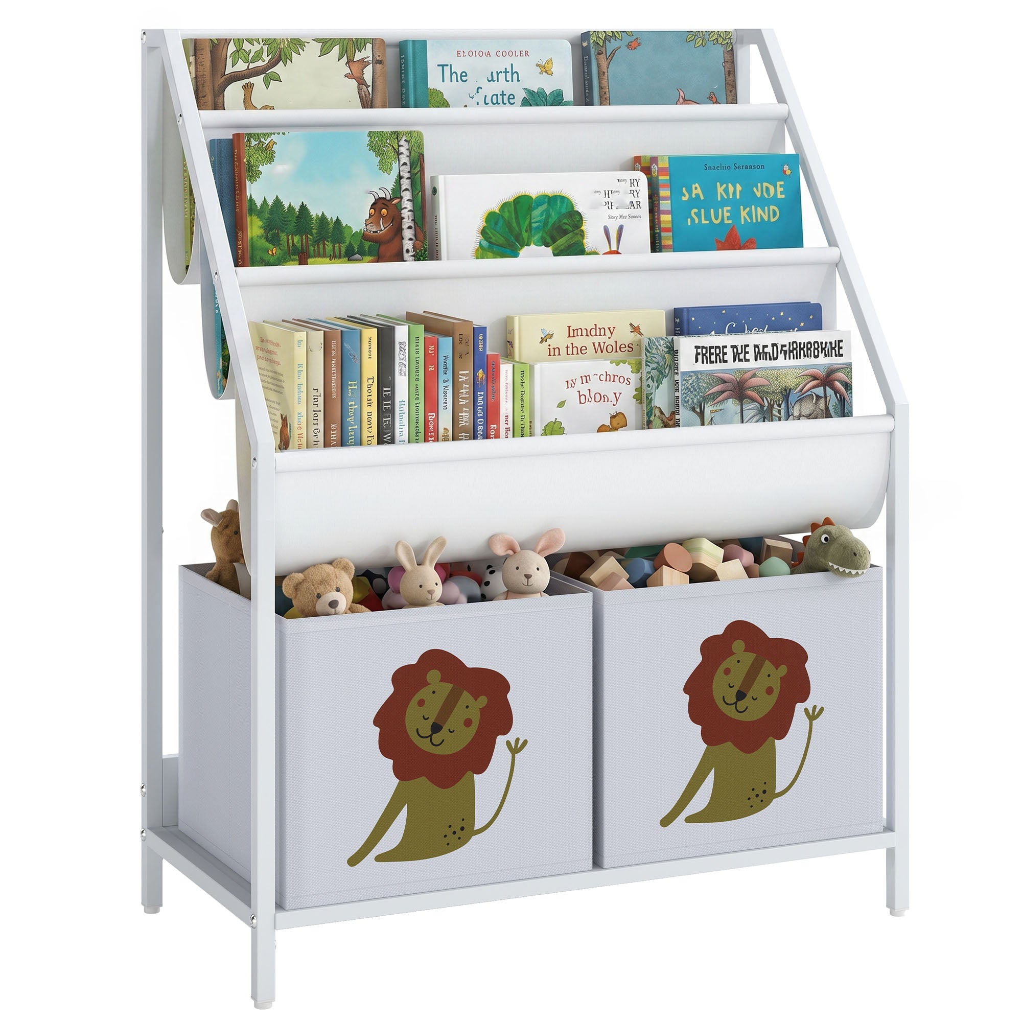 4-Tier Kids' Bookcase — Angled Fabric Shelves & 2 Fabric Drawers, Storage for Bedroom or Playroom, 23.6 x 11.8 x 29.9 in (60 x 30 x 76 cm), White