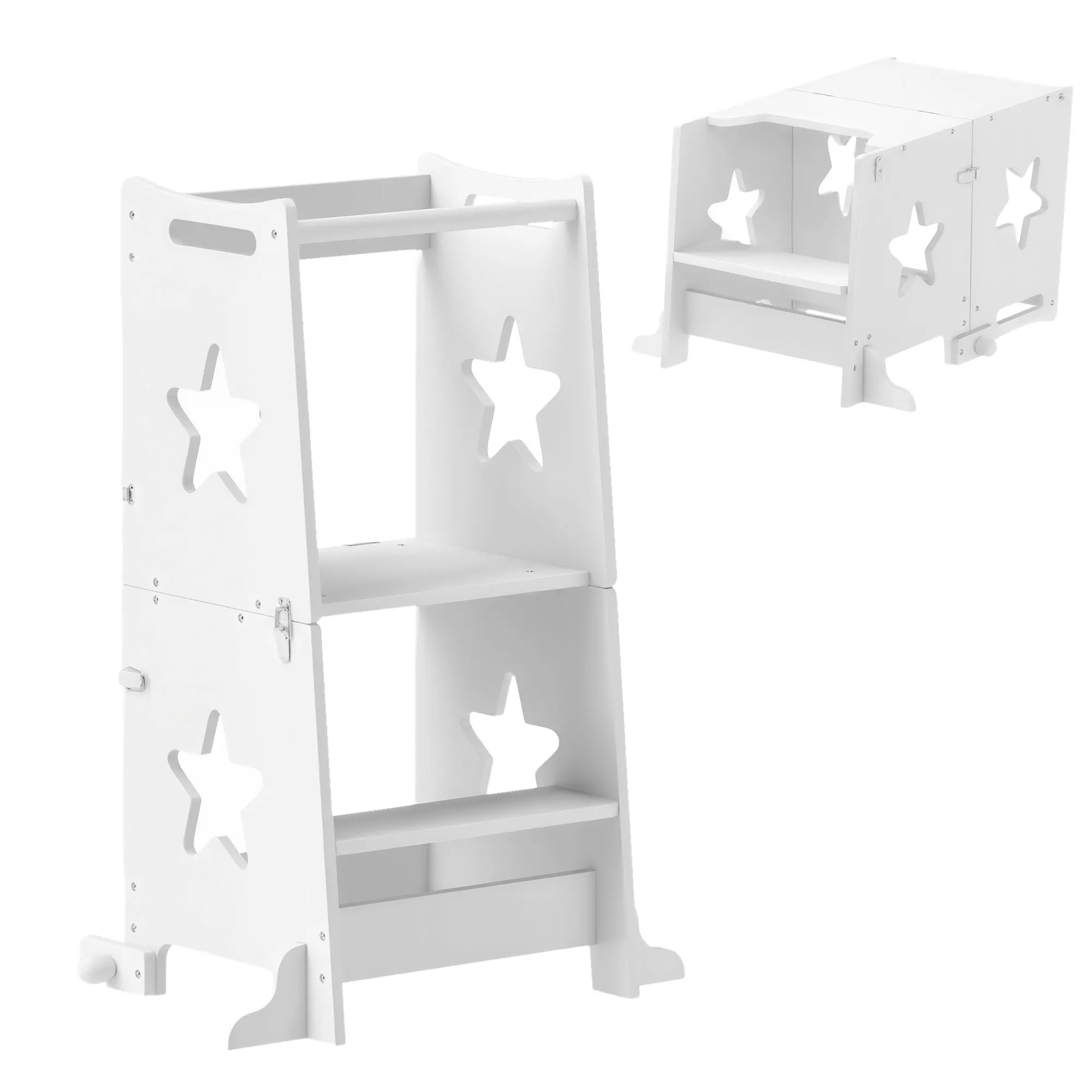 2-in-1 Children's Learning Tower Stool for +3 Years Kids Convertible into Table and Chair with Safety Bar 60x44.5x86 cm White