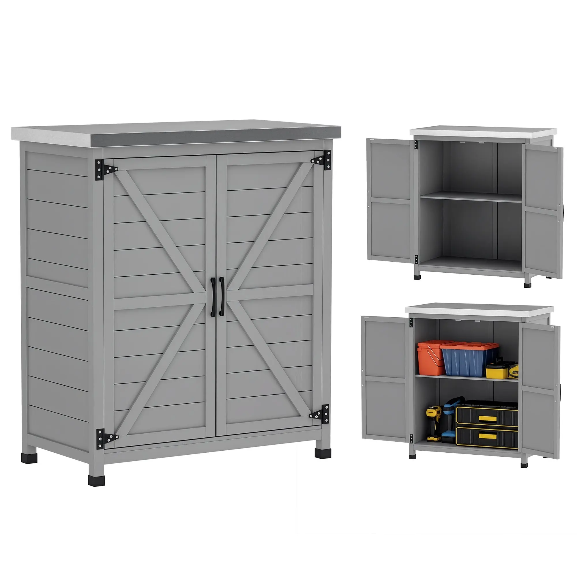 Garden Cabinet Wood Outdoor Weatherproof Equipment Shed with Worktop, Double Door, Shelf, Storage Cabinet Multipurpose Cabinet for Garden, Terrace 79 x 43 x 92 cm Gray