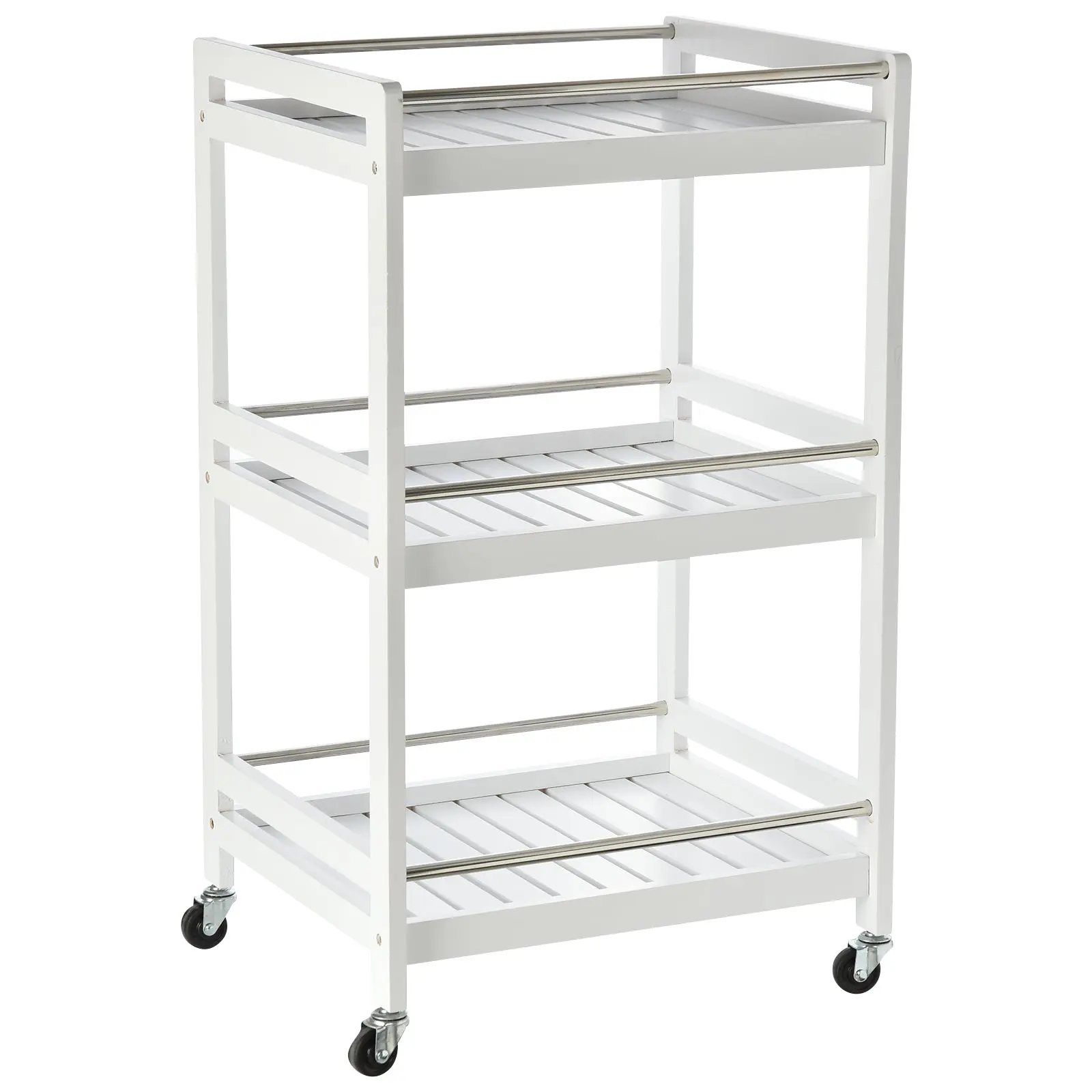 Space-Saving Kitchen Cart in Wood and Stainless Steel, with 3 Shelves and 4 360° Wheels, White, 45cm x 38cm x 78cm
