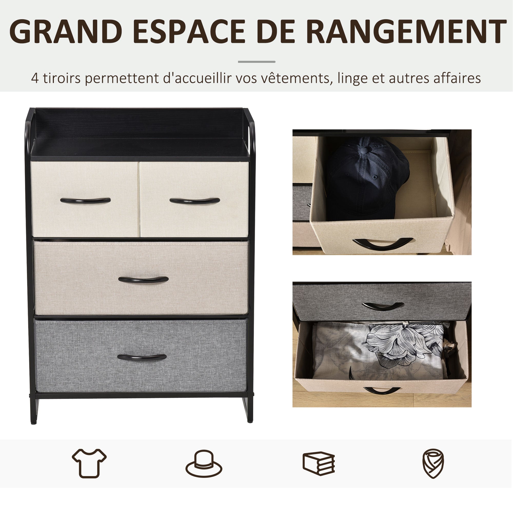 4-Drawer Linen Storage Dresser 58 x 29 x 78.5 cm Black Gray Ecru Beige