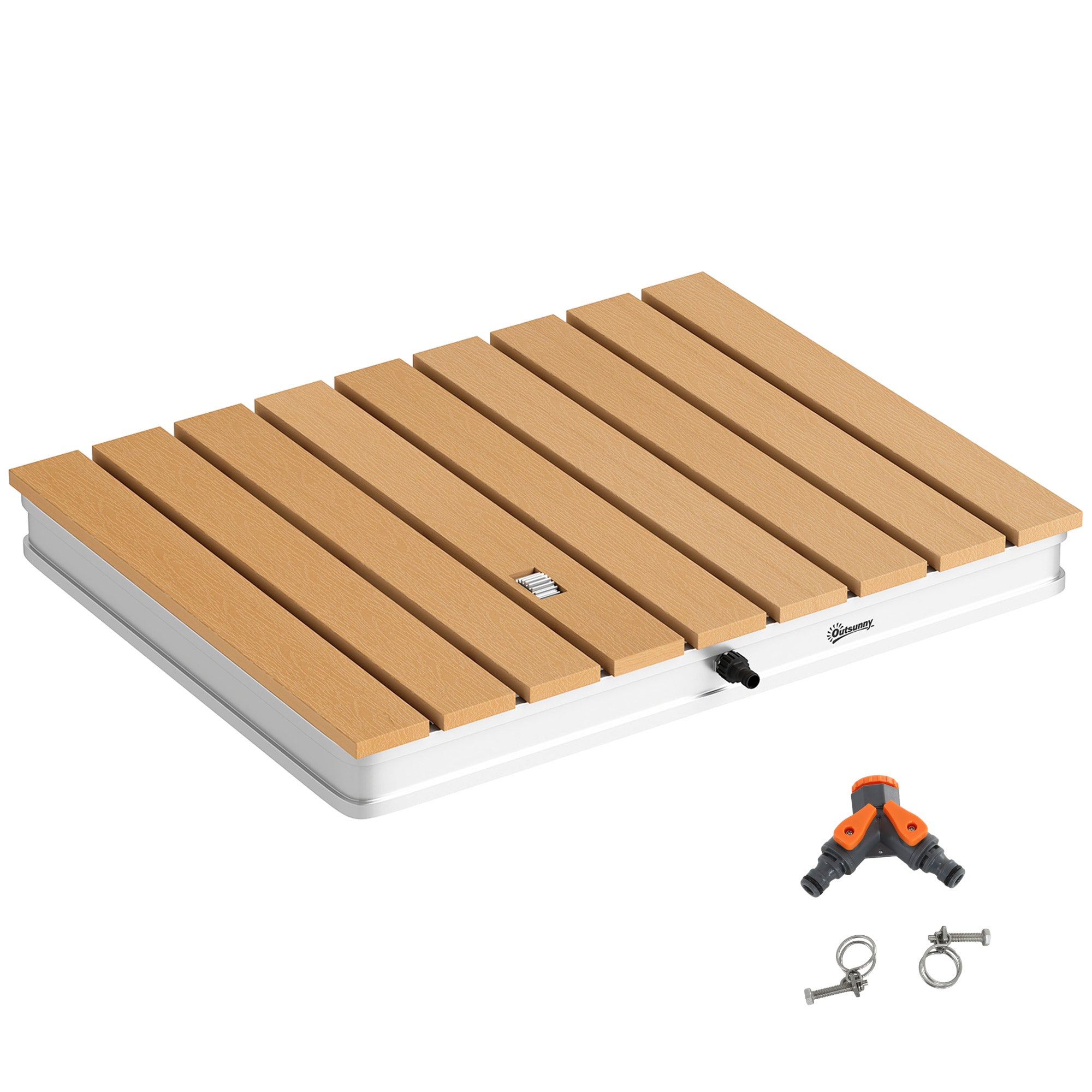 Outsunny Garten-Duschsystem mit verstellbarem Fußrad - Aluminium Outdoor-Dusche mit bis zu 4 m Fontänenhöhe, 70 x 55 cm, Sauna-Dusche im Holzlook, rutschfest und wetterfest für Camping, Pool & Sauna