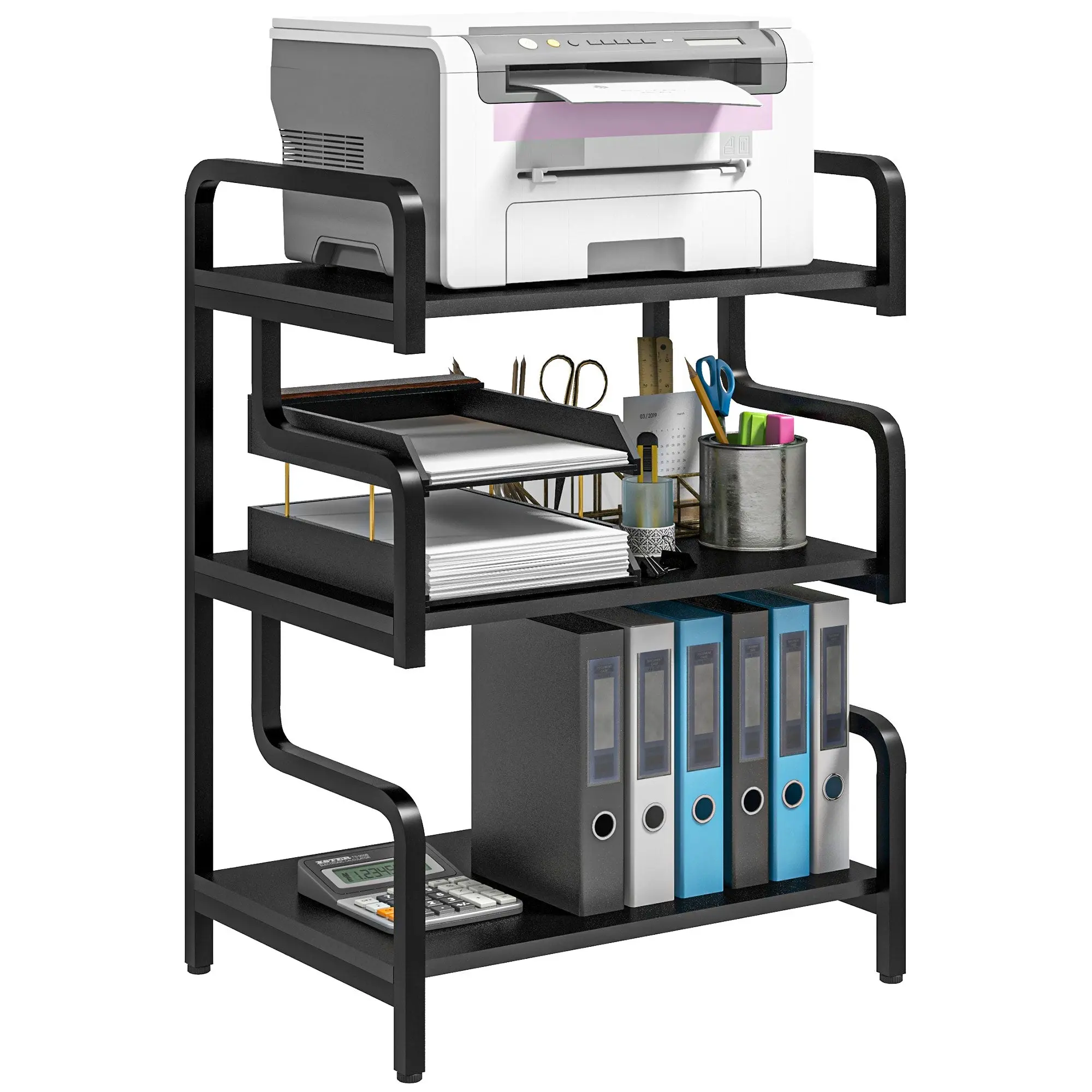 3-Tier Printer Stand, Storage Shelf, Printer Stand in Wood and Metal 55x40x77cm for Home Office Black