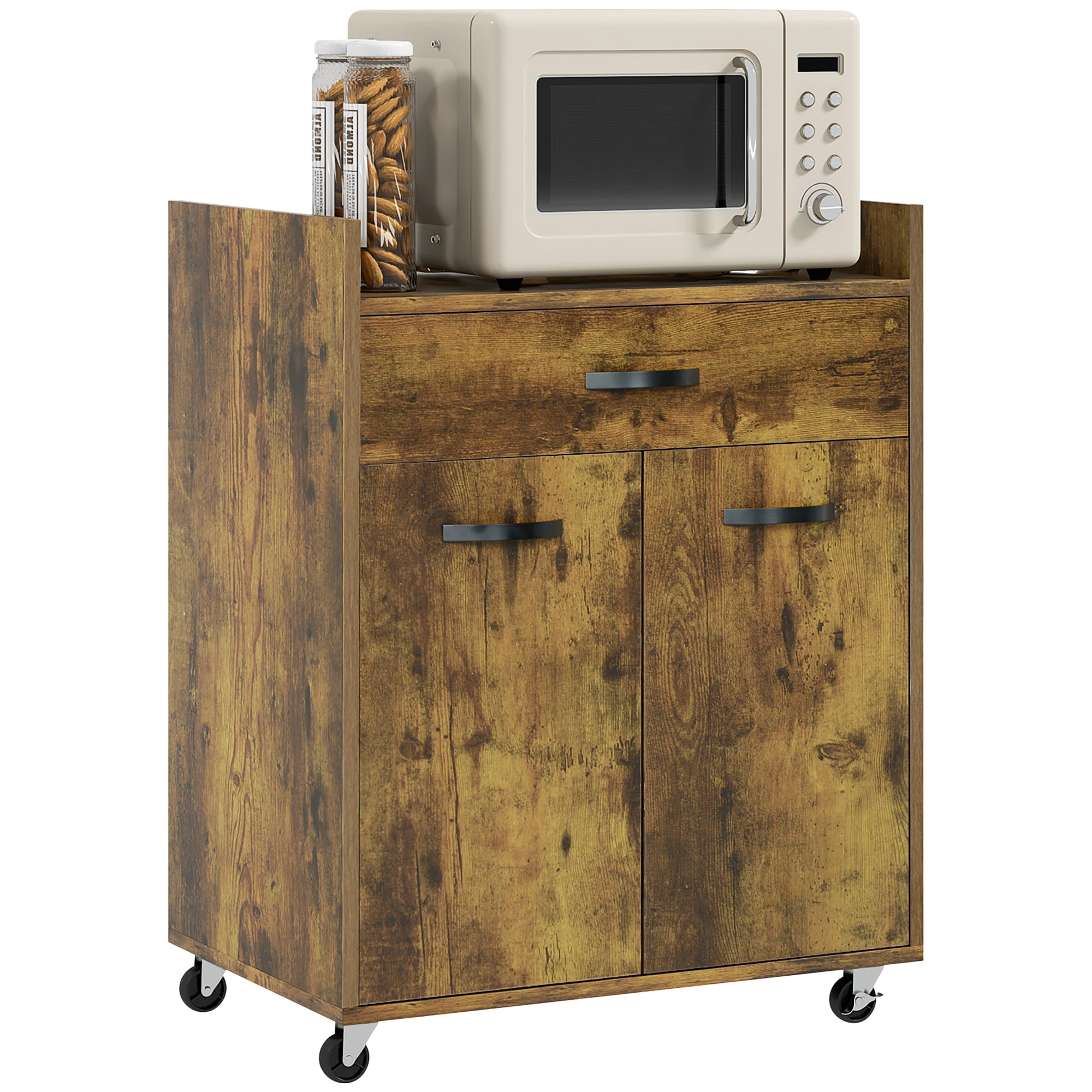 Microwave Kitchen Cart with Drawer and Cabinet, Kitchen Island in Wood with 4 Wheels and Adjustable Shelf, 60x40x77 cm, Rustic Brown
