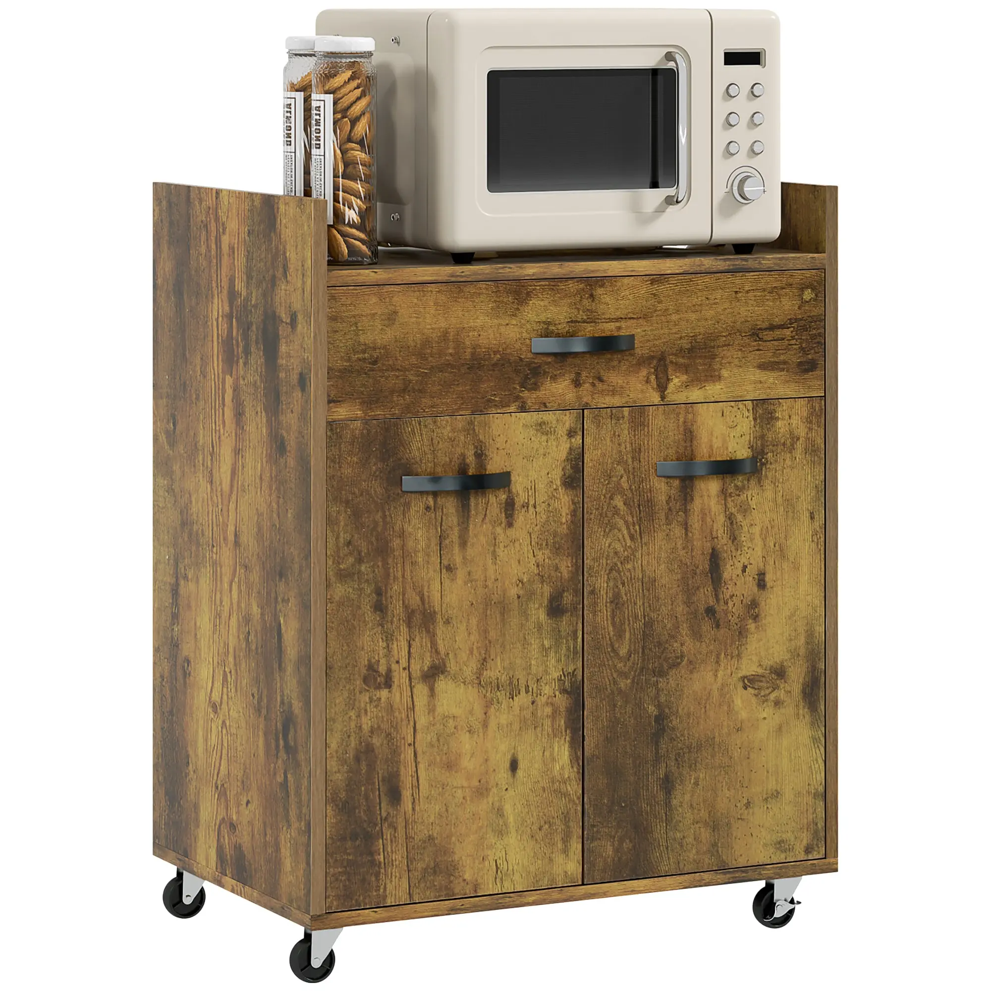 Microwave Kitchen Cart with Drawer and Cabinet, Kitchen Island in Wood with 4 Wheels and Adjustable Shelf, 60x40x77 cm, Rustic Brown
