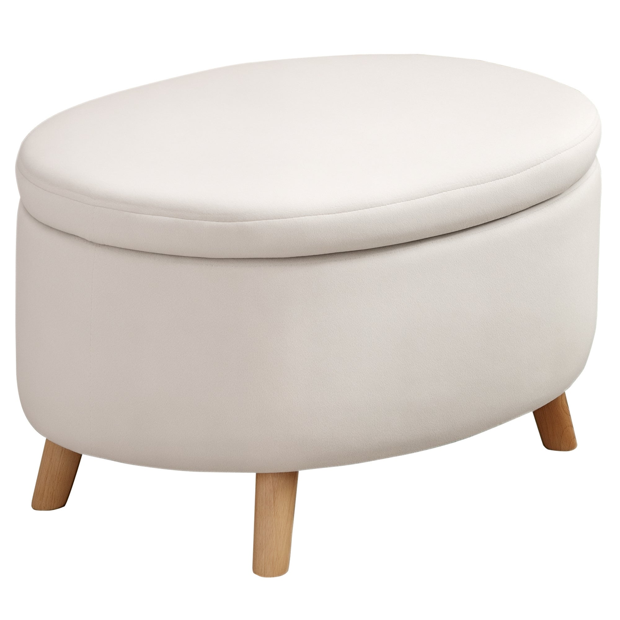 HOMCOM Tárolós Ottoman, Ovális Ottoman Fedéllel, Ágy Ottoman Velúr Hatással, Előszobába, Hálószobába, Nappaliba, Fa Lábbal 71 x 51.5 x 42 cm Beige