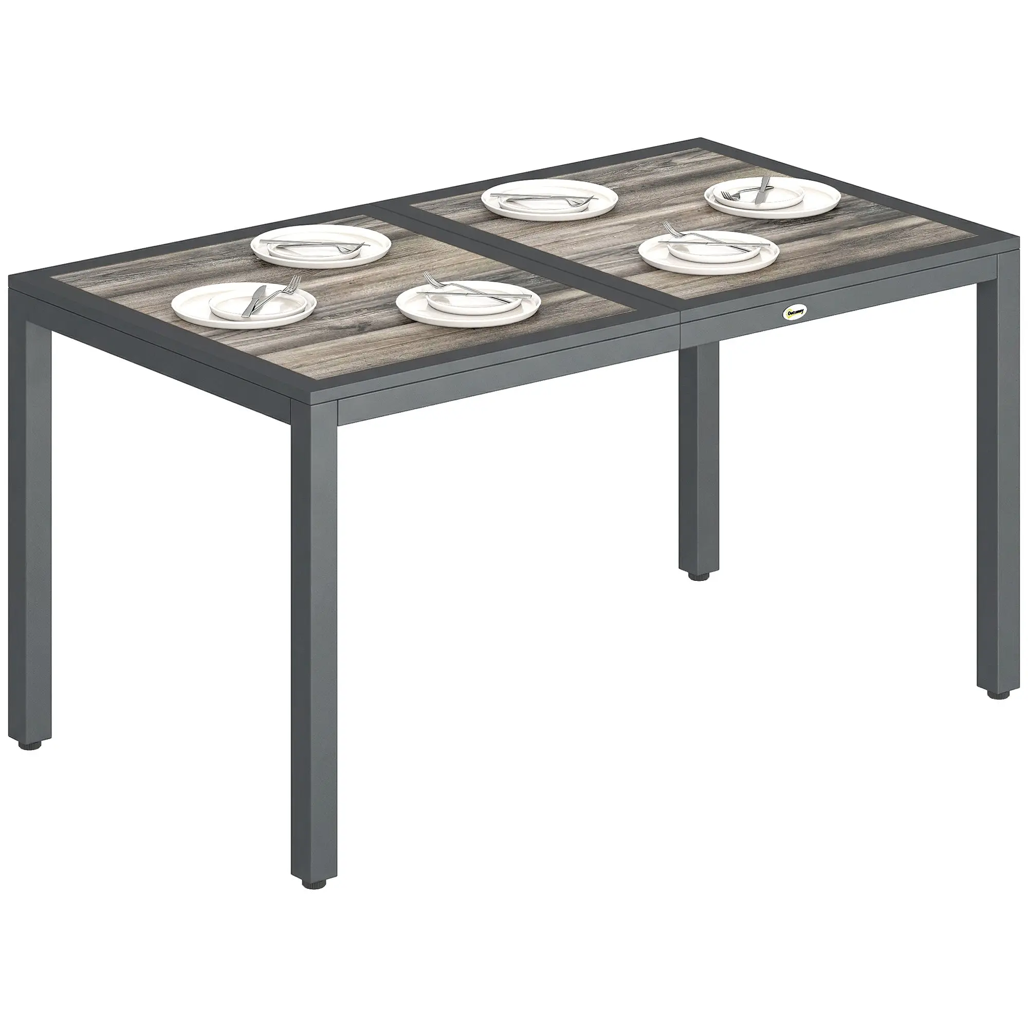 Rectangular Garden Dining Table for 4–6, Wood-Effect PSPC Top & Galvanized Steel Legs, for Balcony/Porch/Terrace, 140 x 80 x 72 cm, Dark Gray