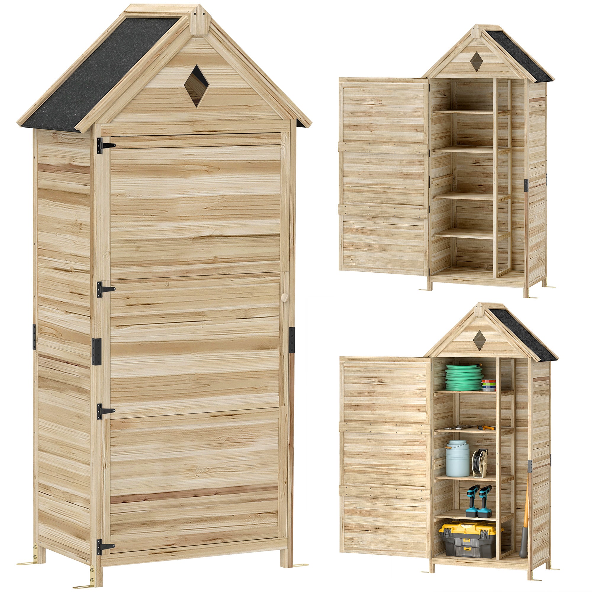Wooden Garden Cabinet, Waterproof Tool Shed 80 x 49 x 170 cm, Weatherproof Tool House with Door, Gable Roof, Shelves, Tool Cabinet, Garden Shed for Garden, Lawn, Natural Wood